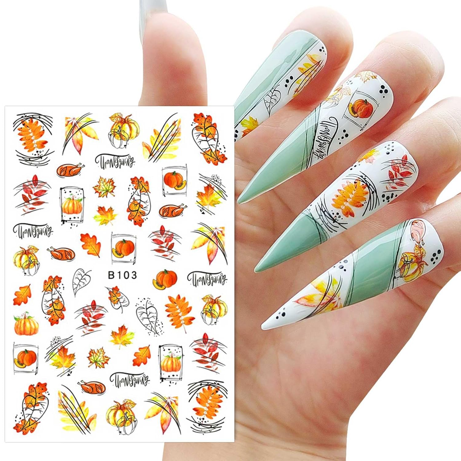 JMEOWIO 12 hojas de calcomanías de arte de uñas de otoño y otoño, pegatinas autoadhesivas para uñas, calabaza, hoja de arce, Acción de Gracias,