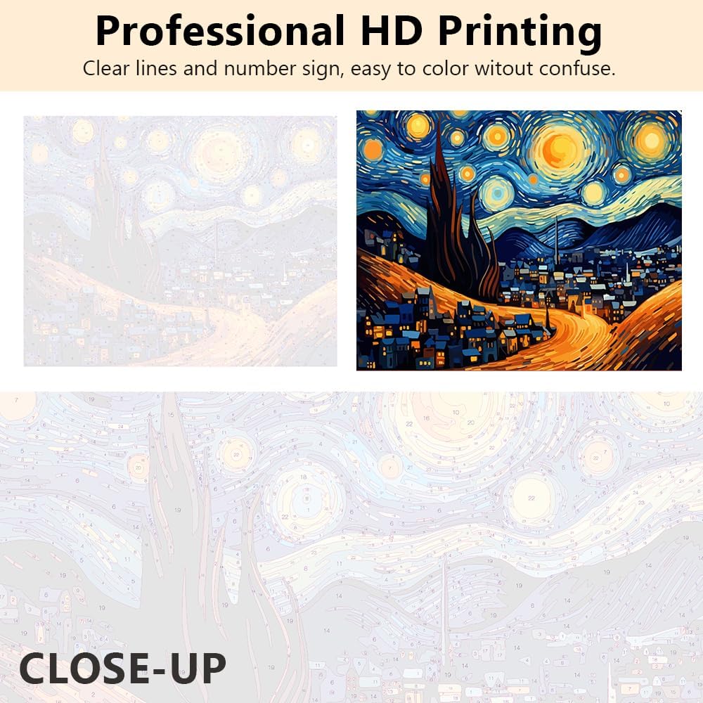 TUMOVO Pintura por números de noche estrellada, cielo y luna llena sobre la ciudad, pintura por números para adultos, estilo abstracto, pintura por
