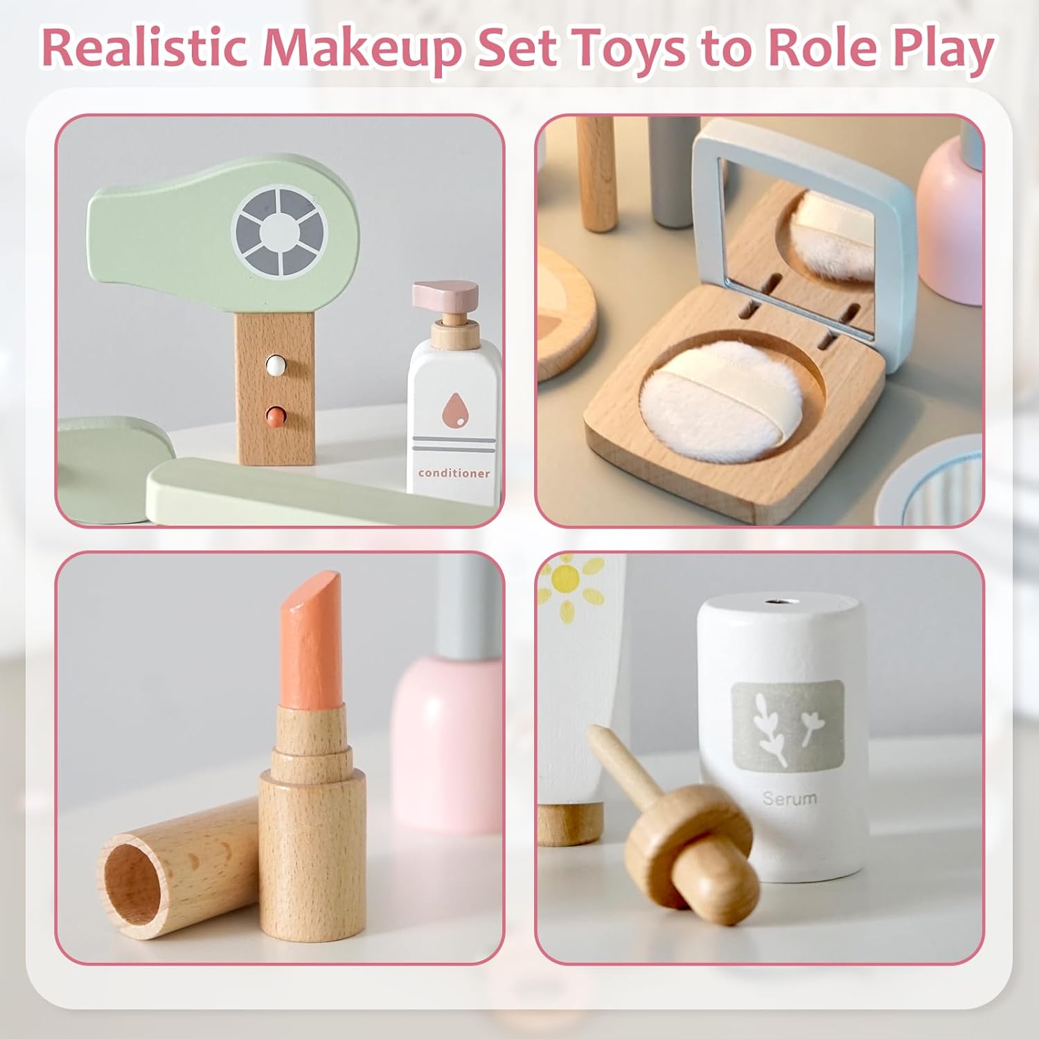 Juego de 22 juguetes de maquillaje de madera para niños pequeños, juguetes de salón de belleza de madera, kit de maquillaje de madera con accesorios
