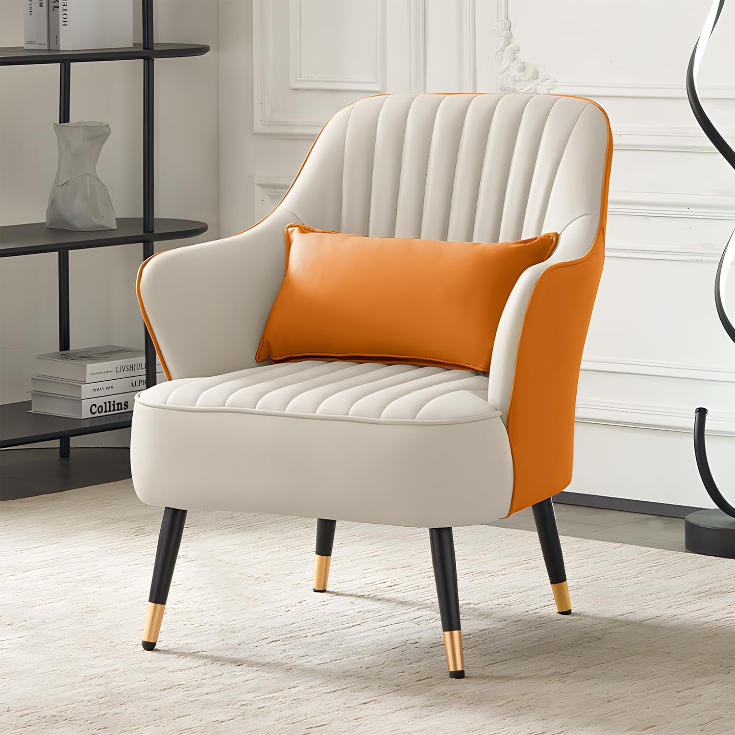 MoNiBloom Mid-Century – Silla moderna y cómoda con brazo para dormitorio y sala de estar, silla tapizada de cuero blanconaranja con almohada lumbar