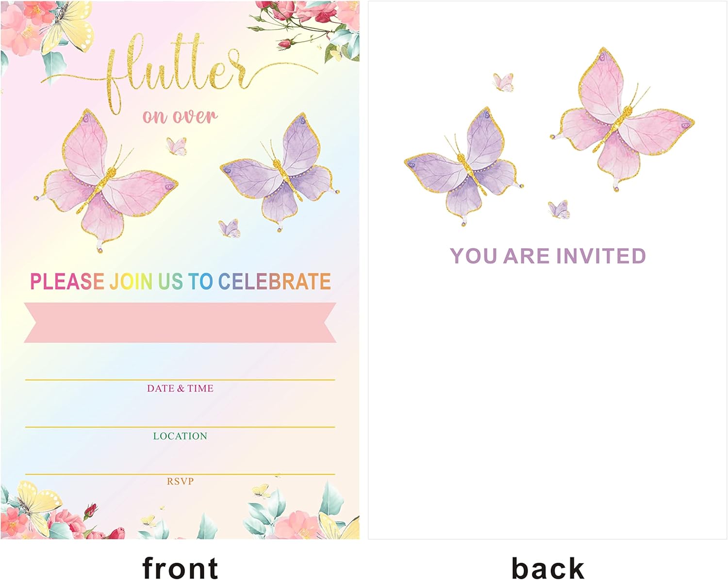 Juego de 25 invitaciones de mariposa con sobres para fiesta de mariposas, baby shower, niñas, fiesta de cumpleaños, boda, despedida de soltera,
