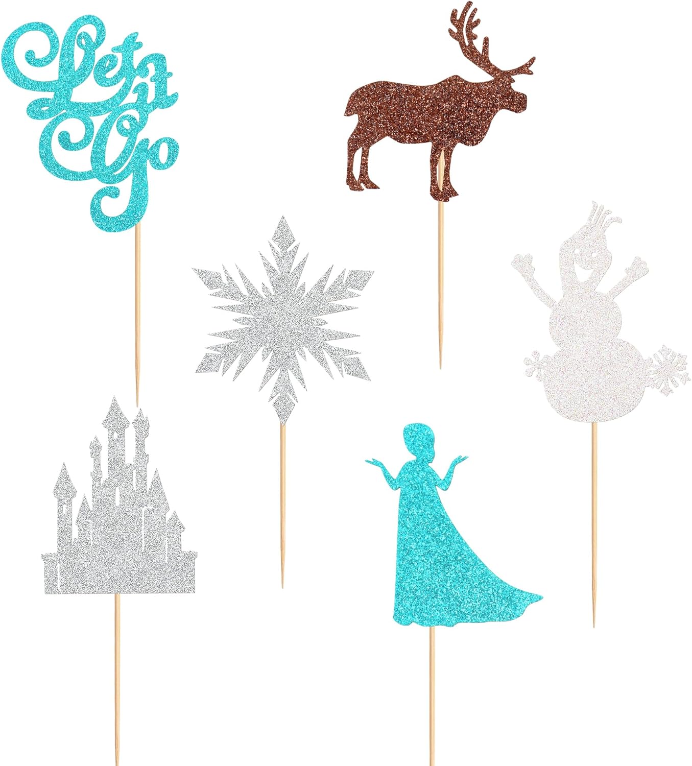 Ercadio Paquete de 24 adornos de copos de nieve para cupcakes con purpurina para invierno, copos de nieve, ciervos, princesas, cupcakes para