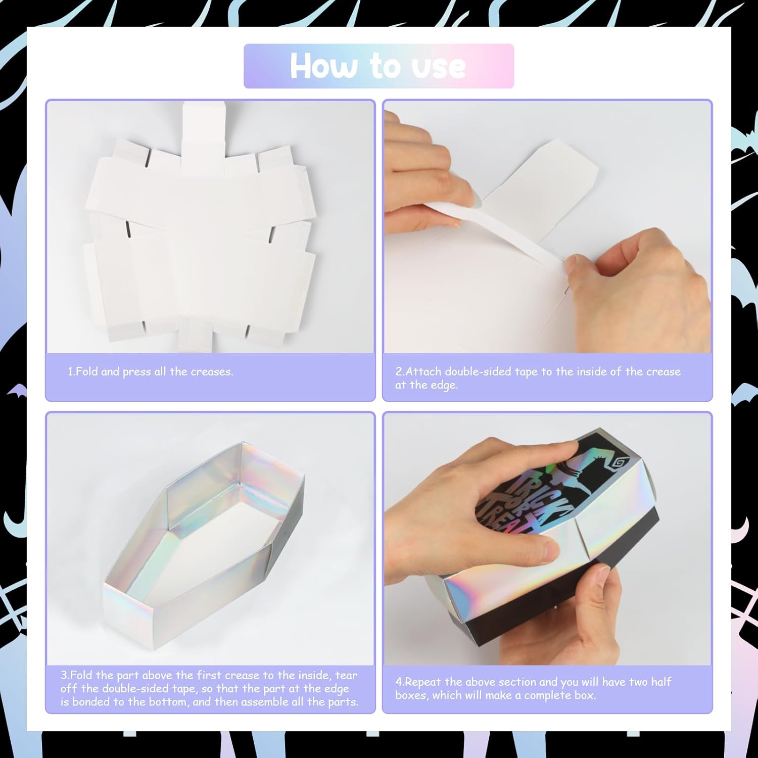 Kreatwow 12 cajas de regalo de ataúd de Halloween para Halloween, lápida láser azul, cajas de regalo de bricolaje, cráneo, araña, truco o trato,