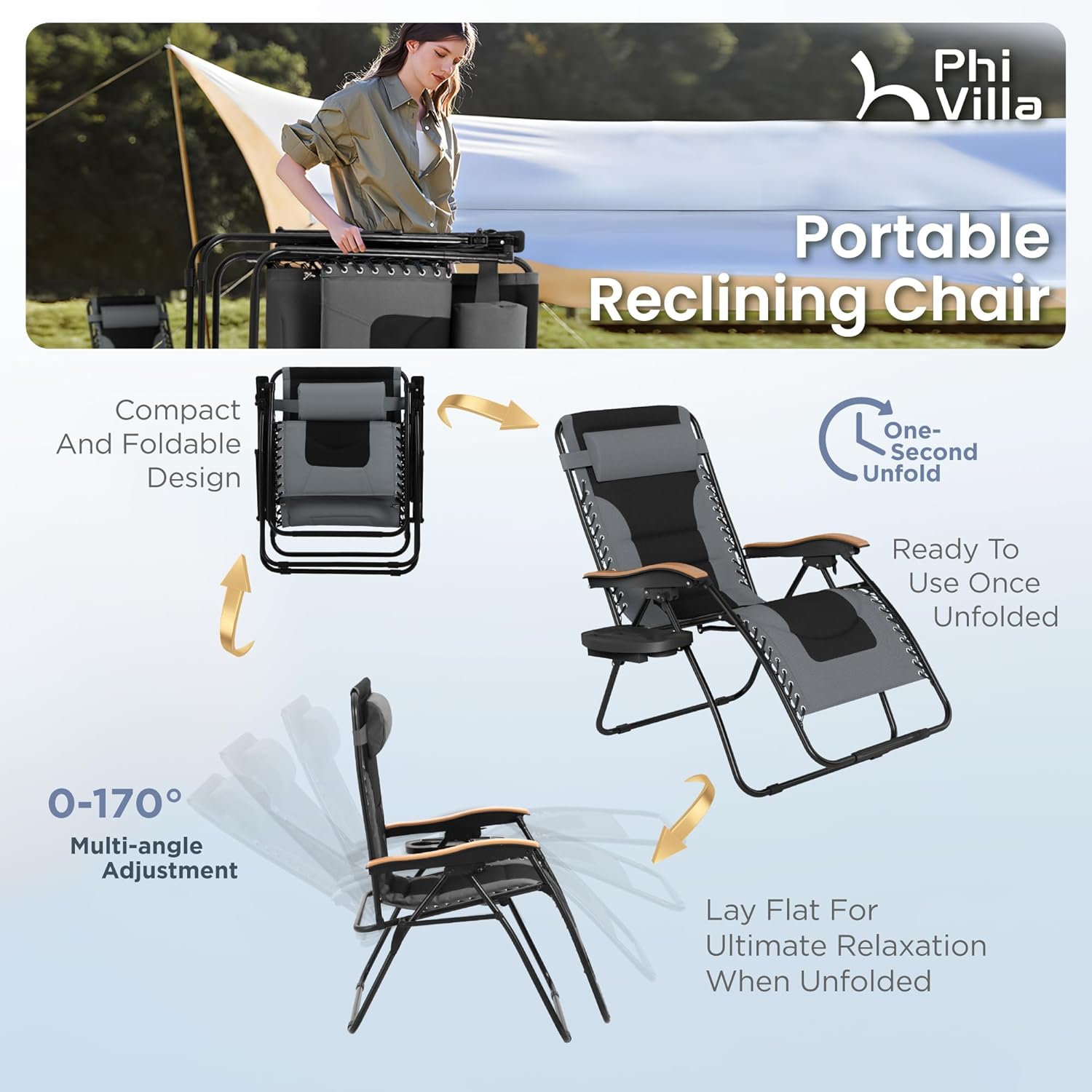 PHI VILLA Silla XXL acolchada de gravedad cero, silla reclinable plegable para patio, asiento de 30 pulgadas de ancho, tumbona antigravedad con