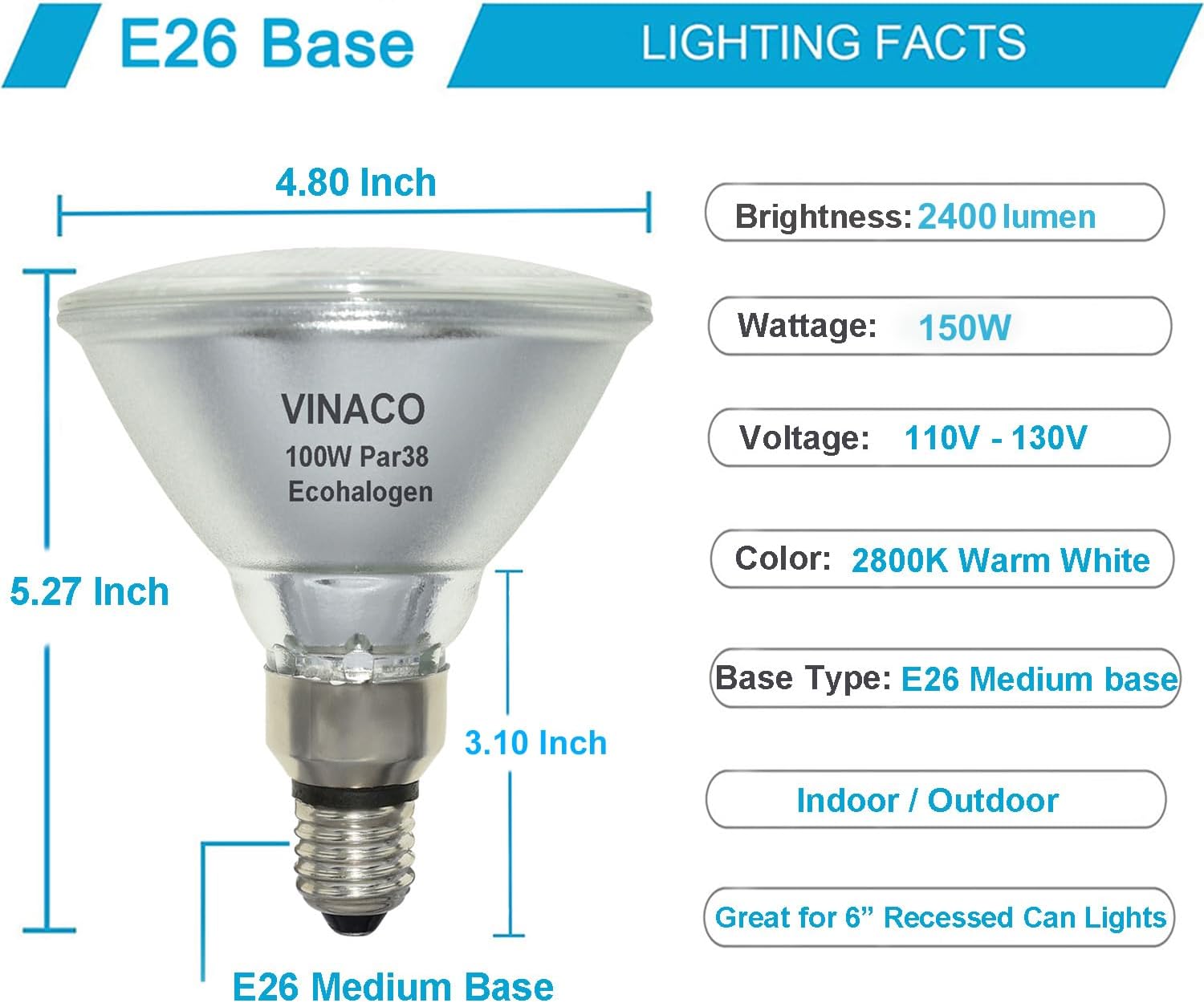 Vinaco PAR38 – Luz de inundación halógena PAR38, 4 unidades, regulable, 150 W, 120 V, alto brillo 2400 lm, bombilla PAR38 con base E26, 2800 K,
