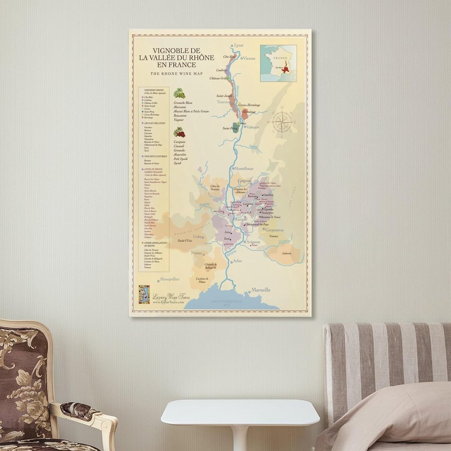 BETSON Póster de Francia, mapa del valle del Ródano septentrional, mapa de regiones vinícolas, póster en lienzo para decoración de pared, pintura