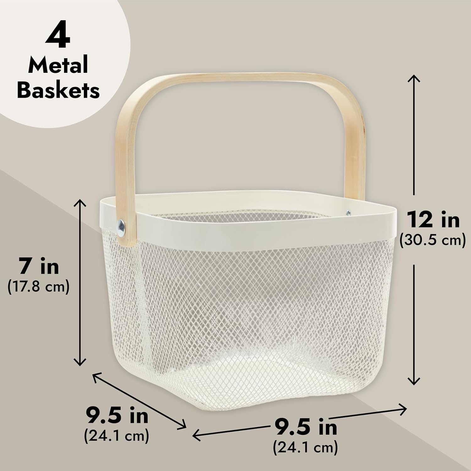 Juvale Cesta de frutas cuadrada de malla metálica con mango de madera para cocina, almacenamiento y organización de despensa (9.5 x 7 pulgadas,