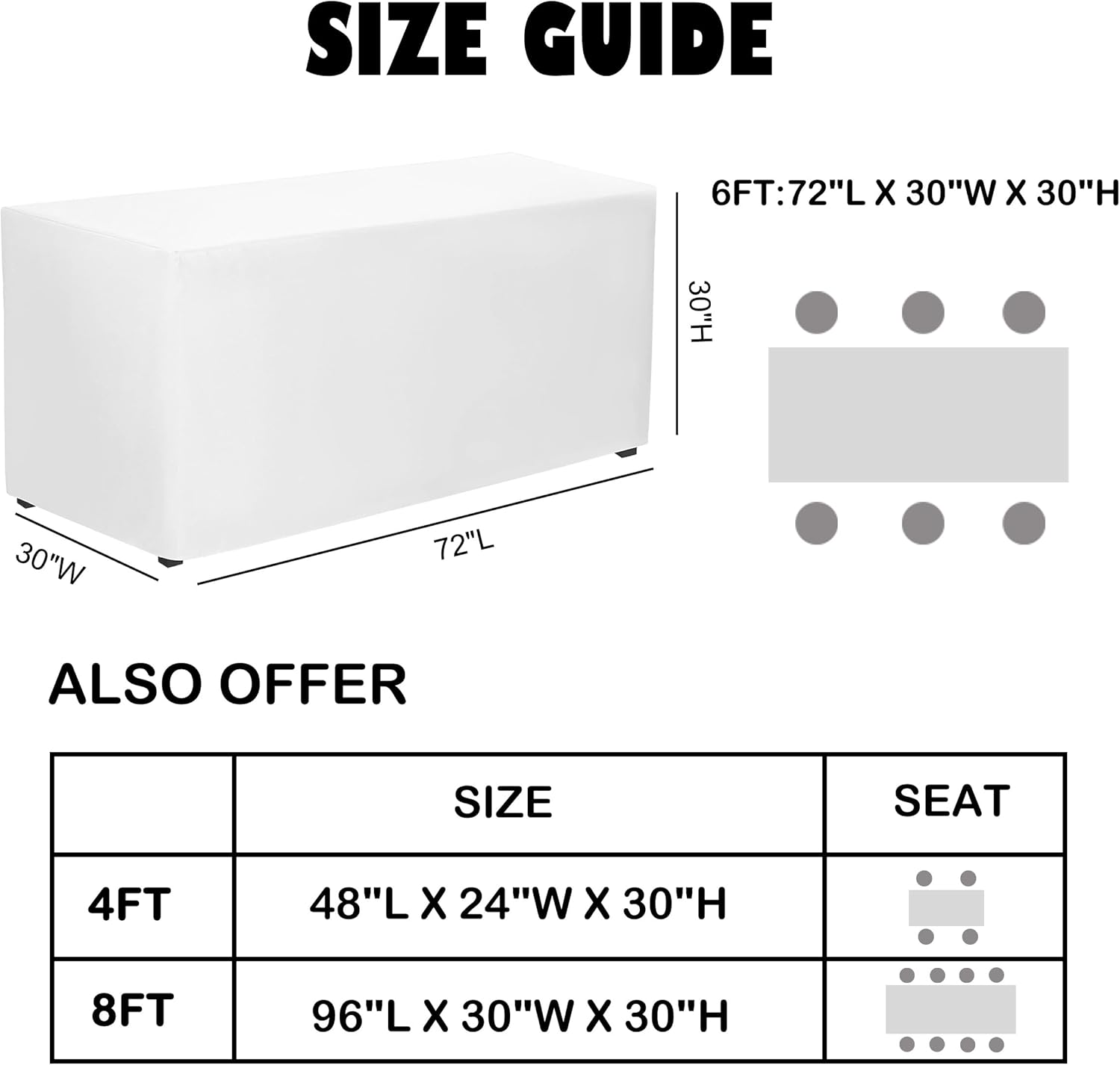 Paquete de 2 manteles rectangulares ajustables de color blanco de 72 x 30 pulgadas para mesa de 6 pies en poliéster lavable, mantel de 6 pies para