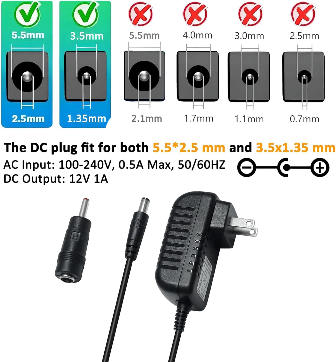 DCHAV Fuente de alimentación de 12V 1A Adaptador de CA a CC 100-240V 50-60Hz Cable de alimentación Transformador 0.217 in x 0.098 in 0.138 in x