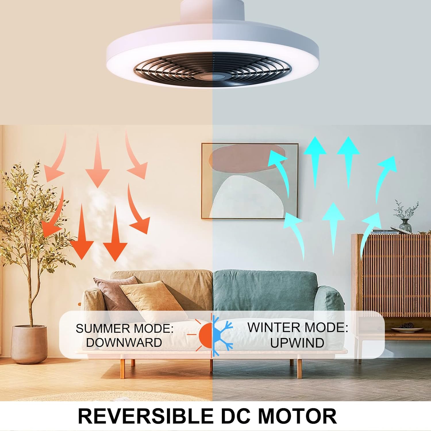 Ventilador de techo moderno de 19.7 pulgadas, ventilador de techo de perfil bajo regulable, cambio de temperatura de color continuo y ventilador de