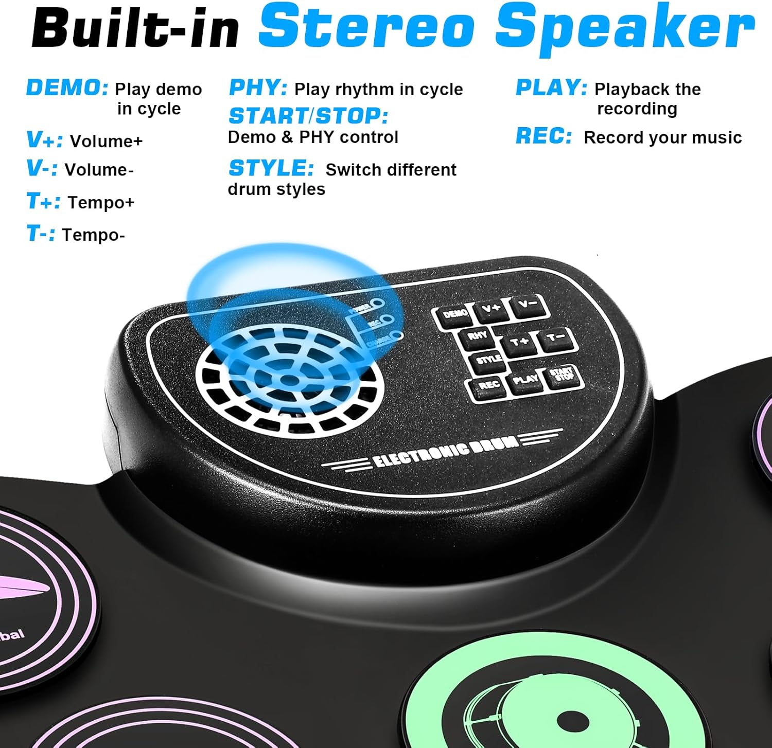 Anpro Juego de batería eléctrica, 9 almohadillas de batería con conector para auriculares, kit de batería electrónica enrollable con pedales de