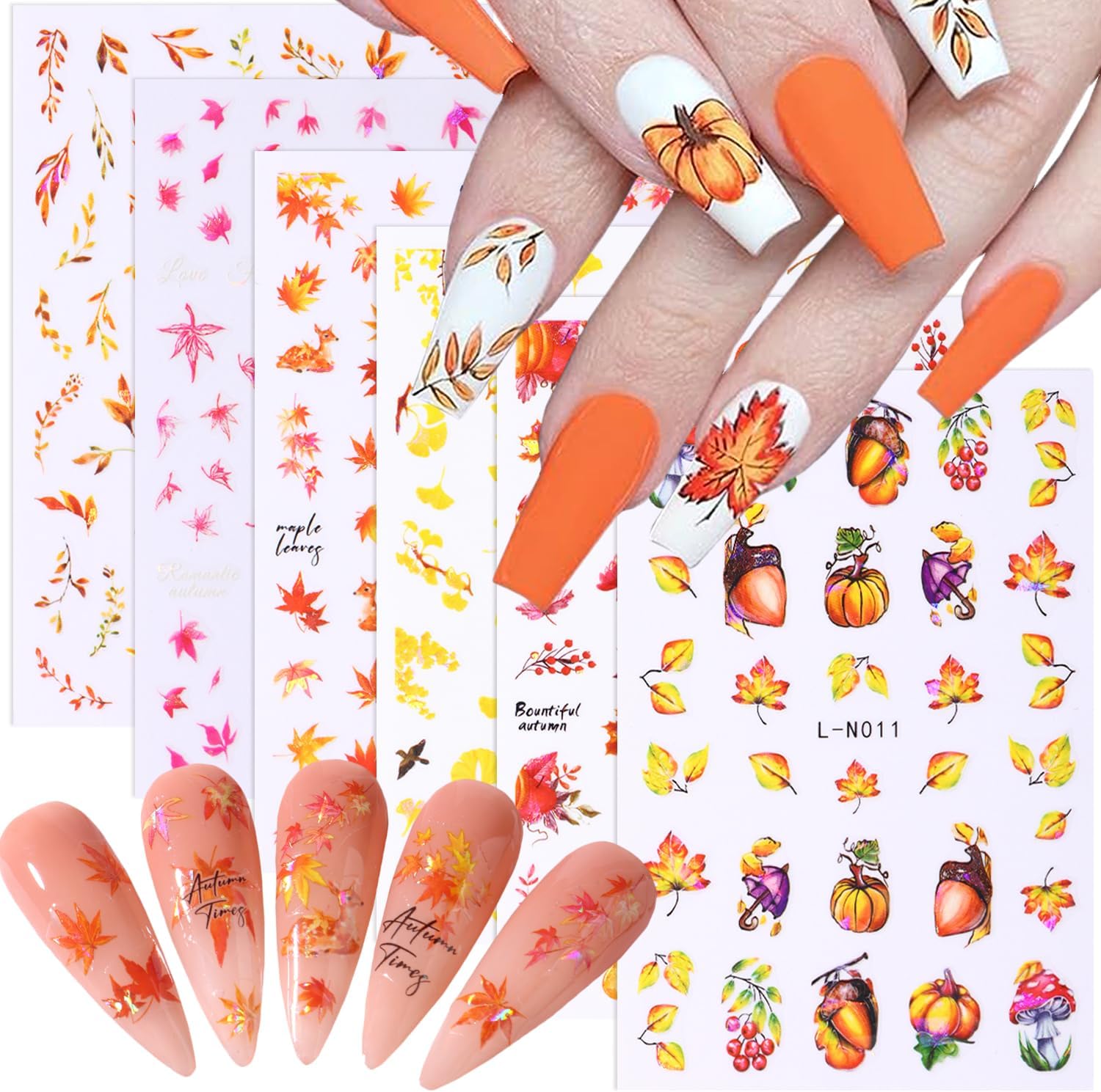6 hojas de hojas de arce de otoño, calcomanías de arte de uñas, diseños autoadhesivos 3D, hojas de arce de otoño, hongos, calcomanías de uñas para