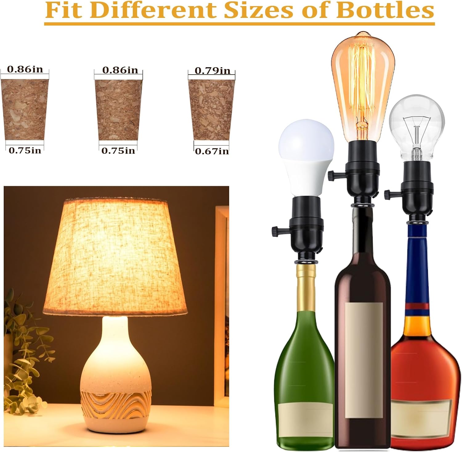 Kit de lámpara de botella con broca de vidrio de 0.354 in, kit de lámpara para botellas de licor con enchufe deslizante y cable de alimentación de 8
