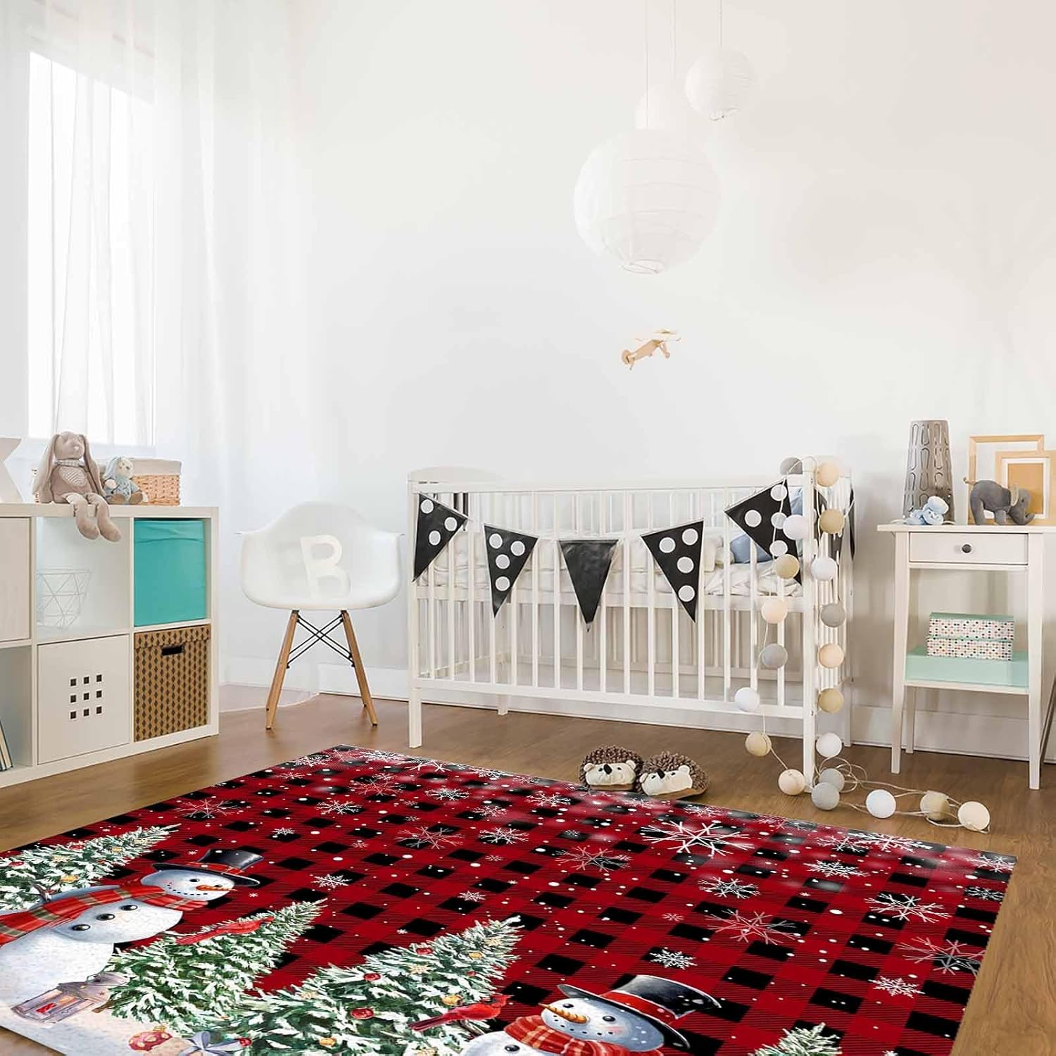 Alfombra de área de muñeco de nieve de Navidad, árbol de Navidad, copos de nieve, rojo y negro, a cuadros, antideslizante, lavable, alfombra para