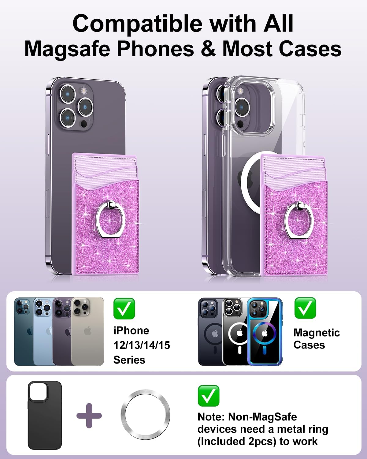 MagSafe – Cartera magnética de cuero para teléfono celular, tarjetero con anillo de rotación de 360, bloqueo RFID, 2 anillos de metal compatibles