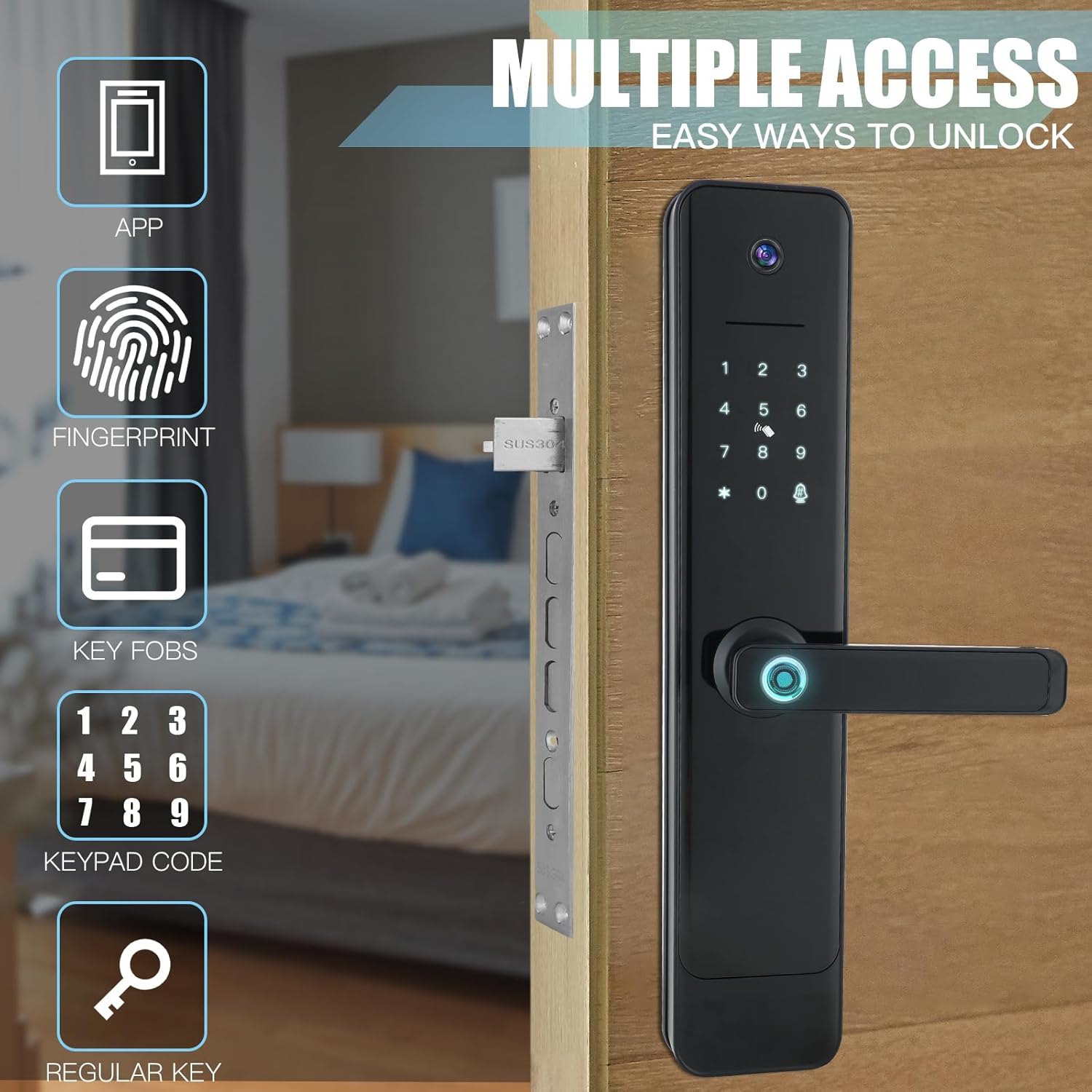 Copkim Cerradura de puerta inteligente 4 en 1 con cámara de video y monitor, manija de puerta, cámara Wi-Fi, timbre, videollamada, bloqueo de