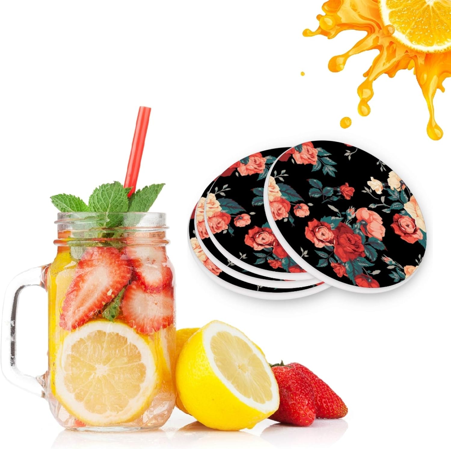 visesunny Posavasos de piedra con patrón floral de rosas que absorben la humedad con base de corcho para protección de mesa para evitar daños en los