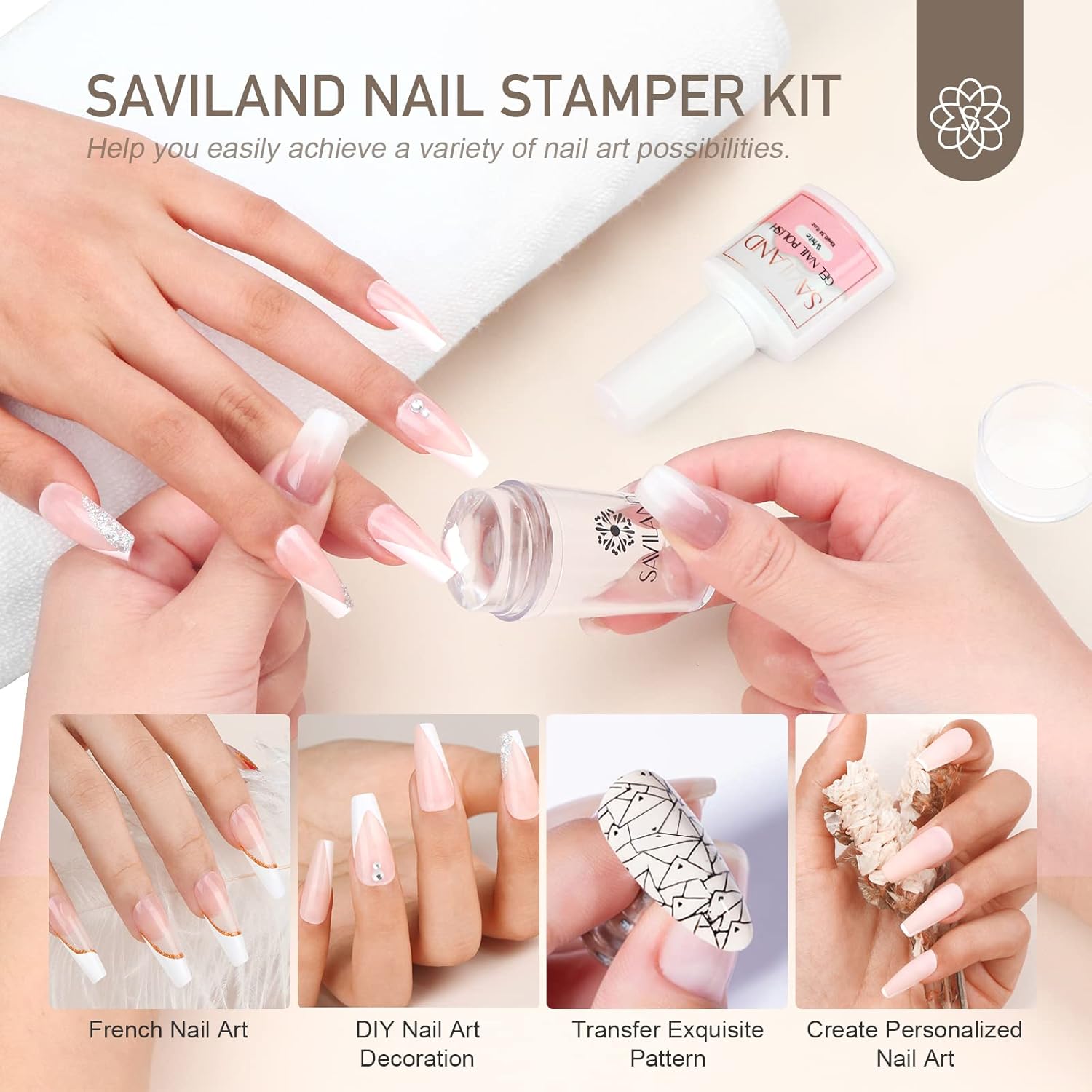 Saviland Kit de manicura francesa, sello de uñas de punta francesa con juego de esmalte de uñas de gel francés, sello de uñas de silicona y