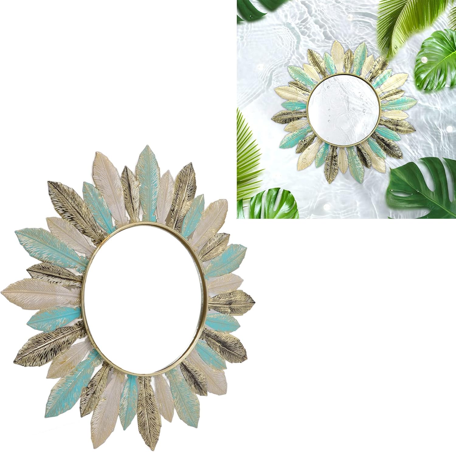 LSFYYDS Espejo colgante de plumas de metal, espejo decorativo de pared, escultura artística, espejo de tocador moderno para decoración de pared,