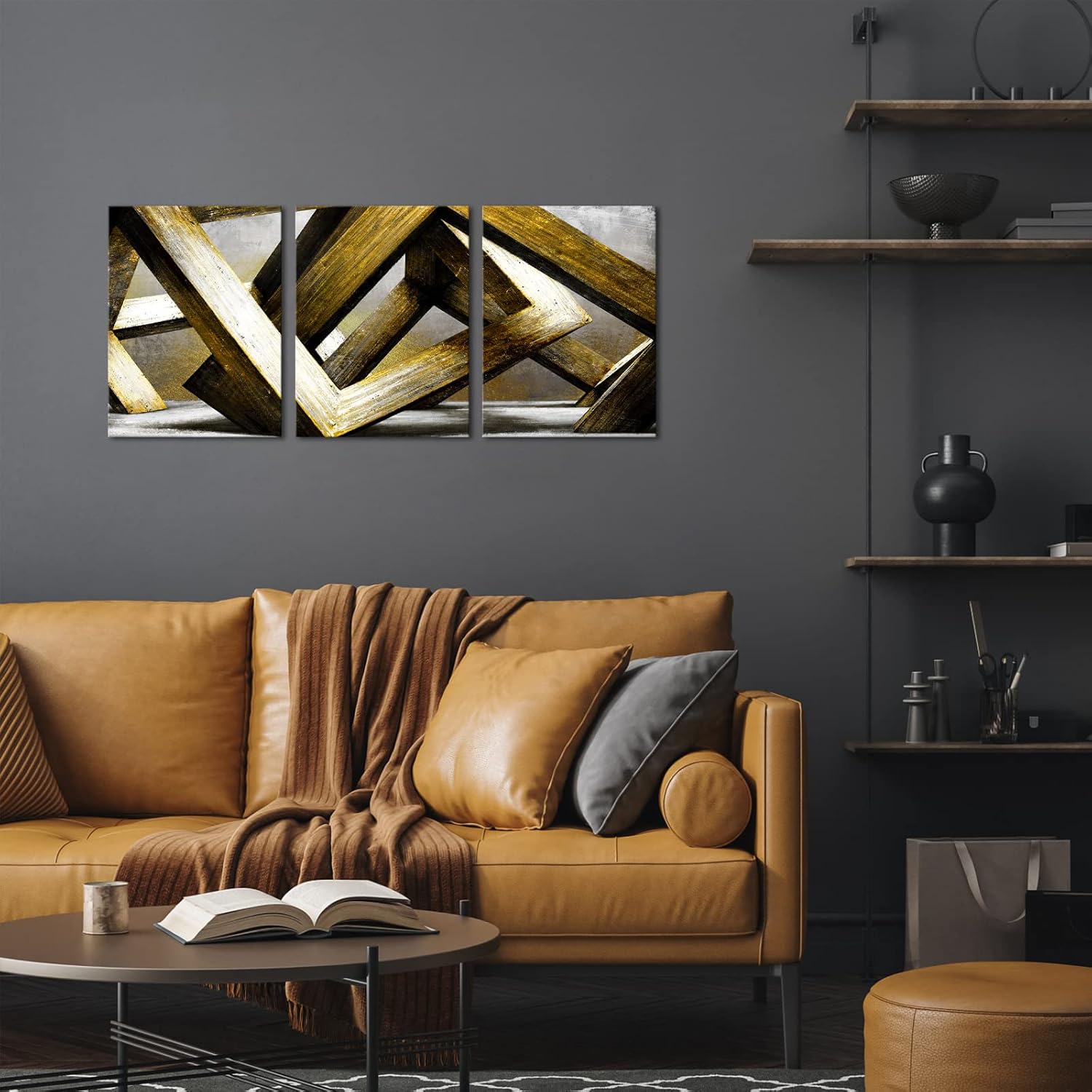 Kalormore Lienzo abstracto dorado y gris, arte para pared, hormigón brutalista, construcción de ciudades, paisaje urbano, listo para colgar, para