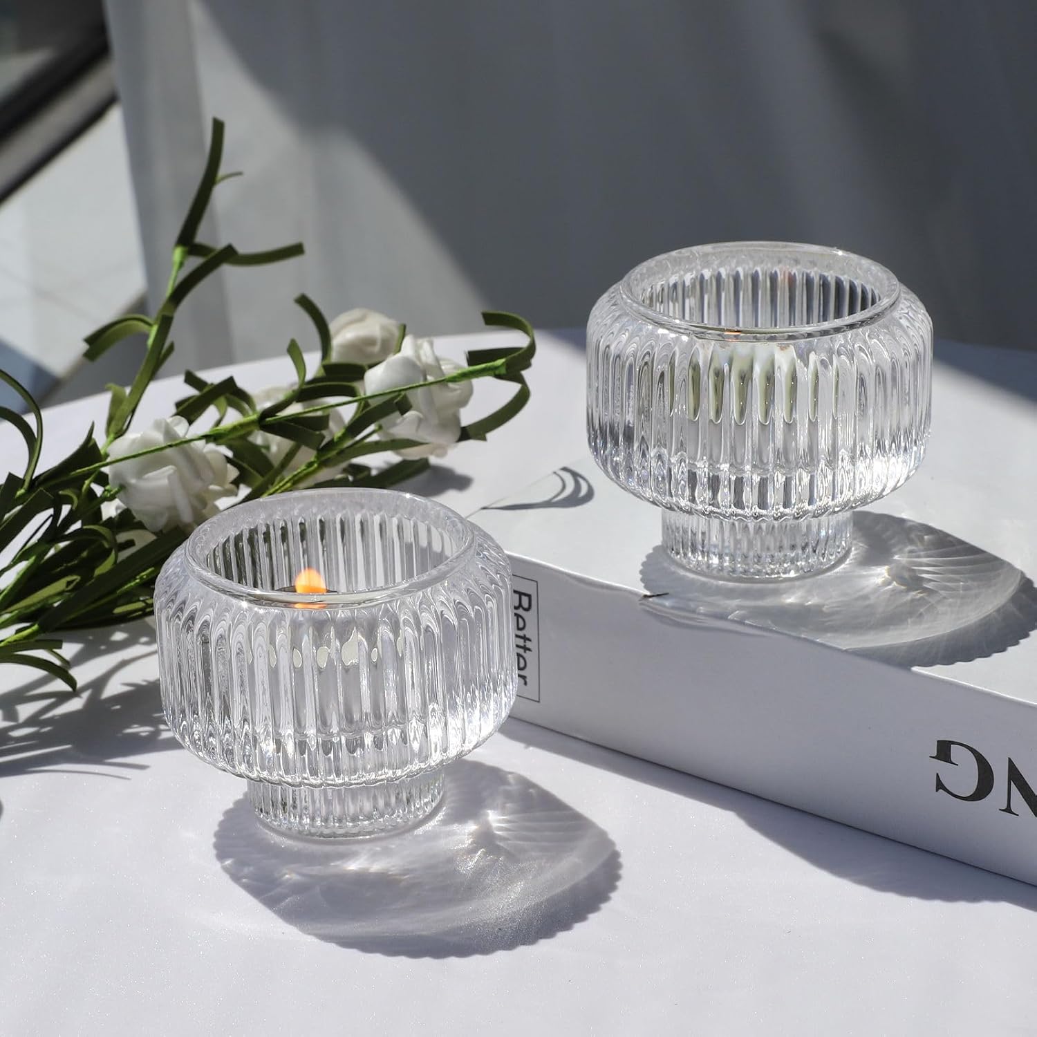 Woho Juego de 4 portavelas transparentes para mesa de boda, candelabros votivos de vidrio acanalado para fiesta de Navidad, decoración del hogar