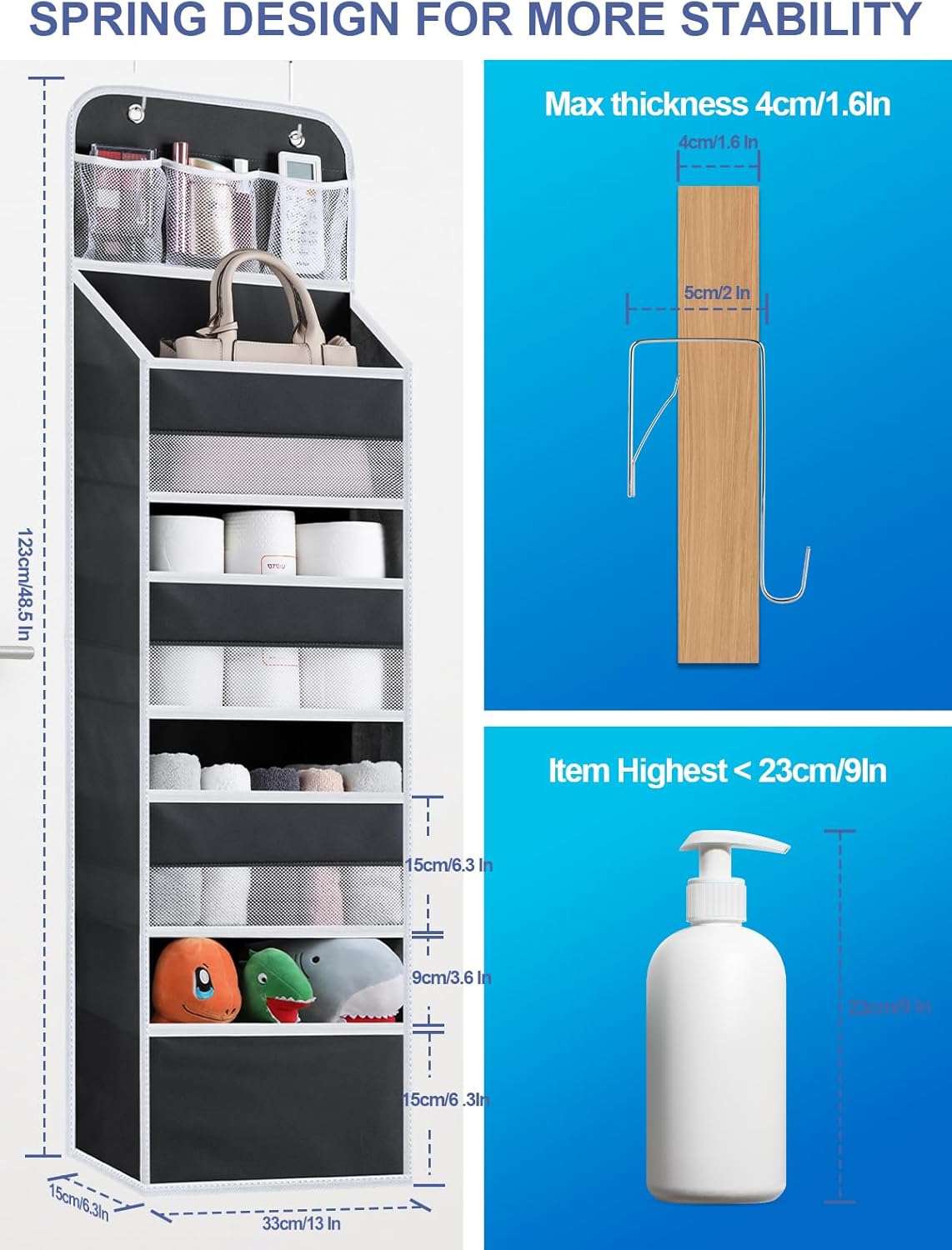 Paquete de 2 organizadores para colgar sobre la puerta, organizador de almacenamiento colgante de 5 estantes con ventana transparente, 4 bolsillos