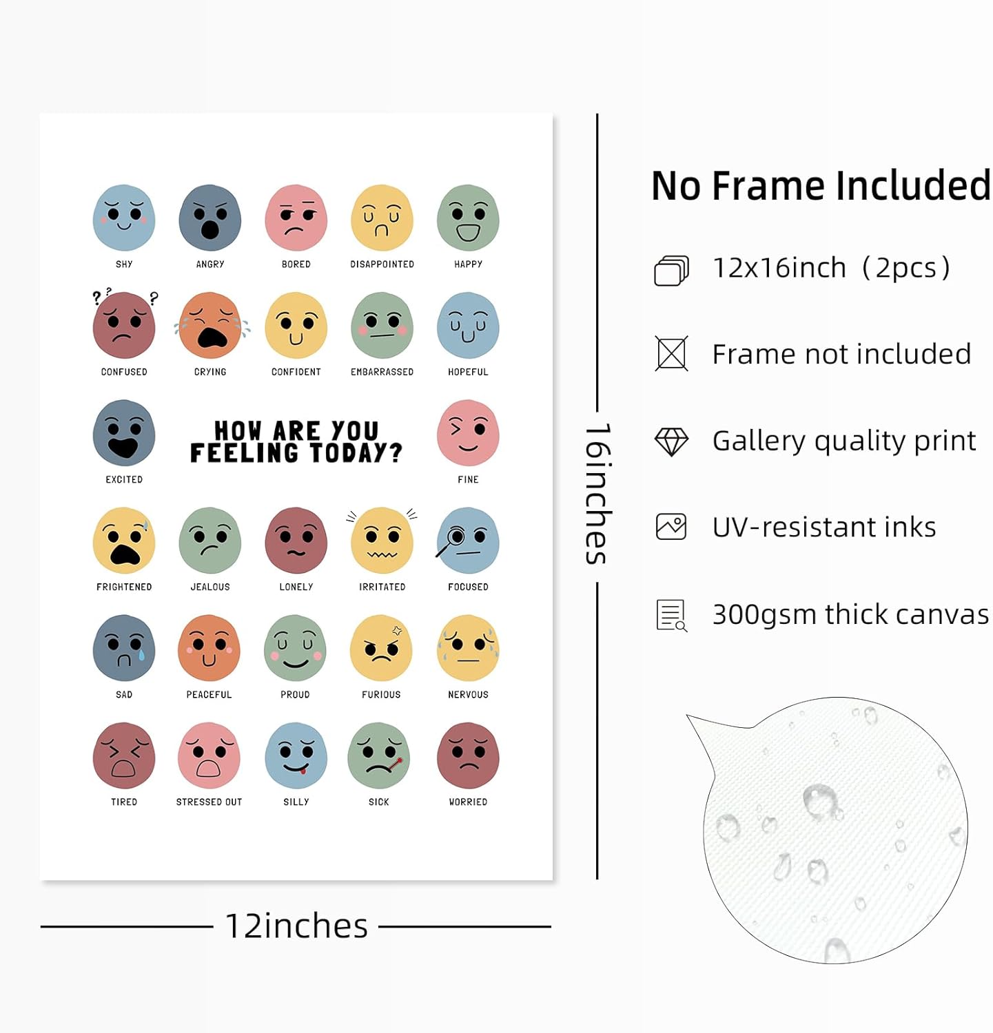 Cuadro de sentimientos para pared, lienzo de emociones tranquilas, decoración de pared para niños, impresiones de salud mental, arte de pared,