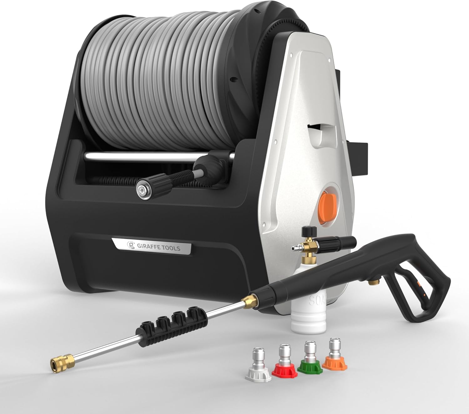 Giraffe Tools Grandfalls – Lavadora a presión Plus, lavadora eléctrica de montaje en pared con carrete retráctil de 100 pies, 2200 PSI, 2.4 GPM, 4