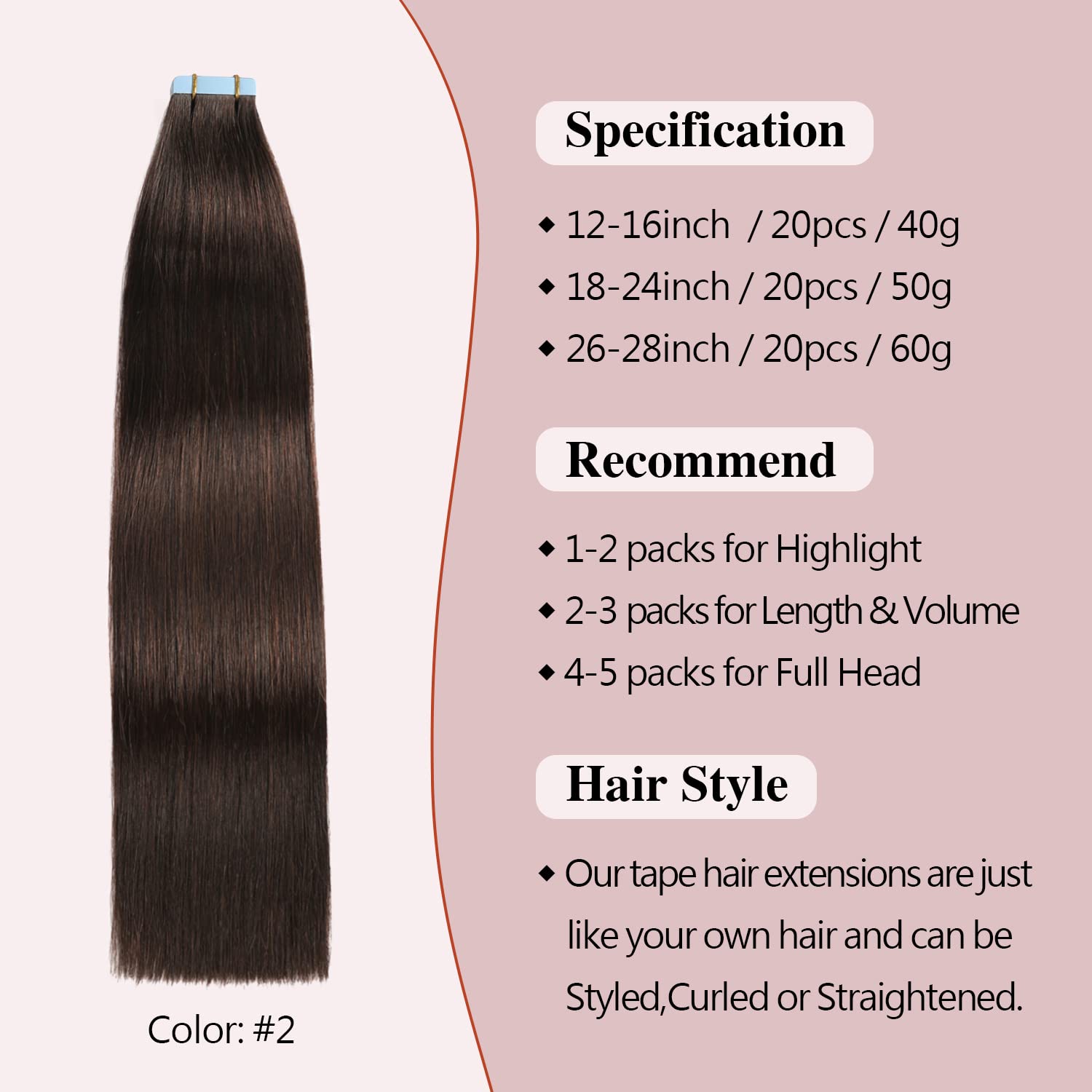 Sunya Extensiones de cabello humano con cinta adhesiva, color marrón oscuro, 12 pulgadas, extensiones de cabello humano real, sin costuras, trama de
