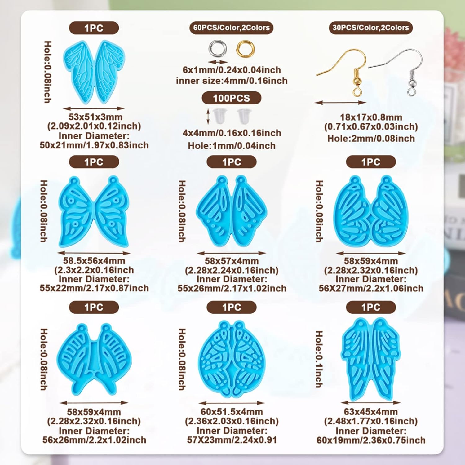 Kit de moldes para aretes de ala de mariposa, 7 piezas, molde de silicona con anillos de salto, ganchos para aretes, tuercas de plástico para aretes