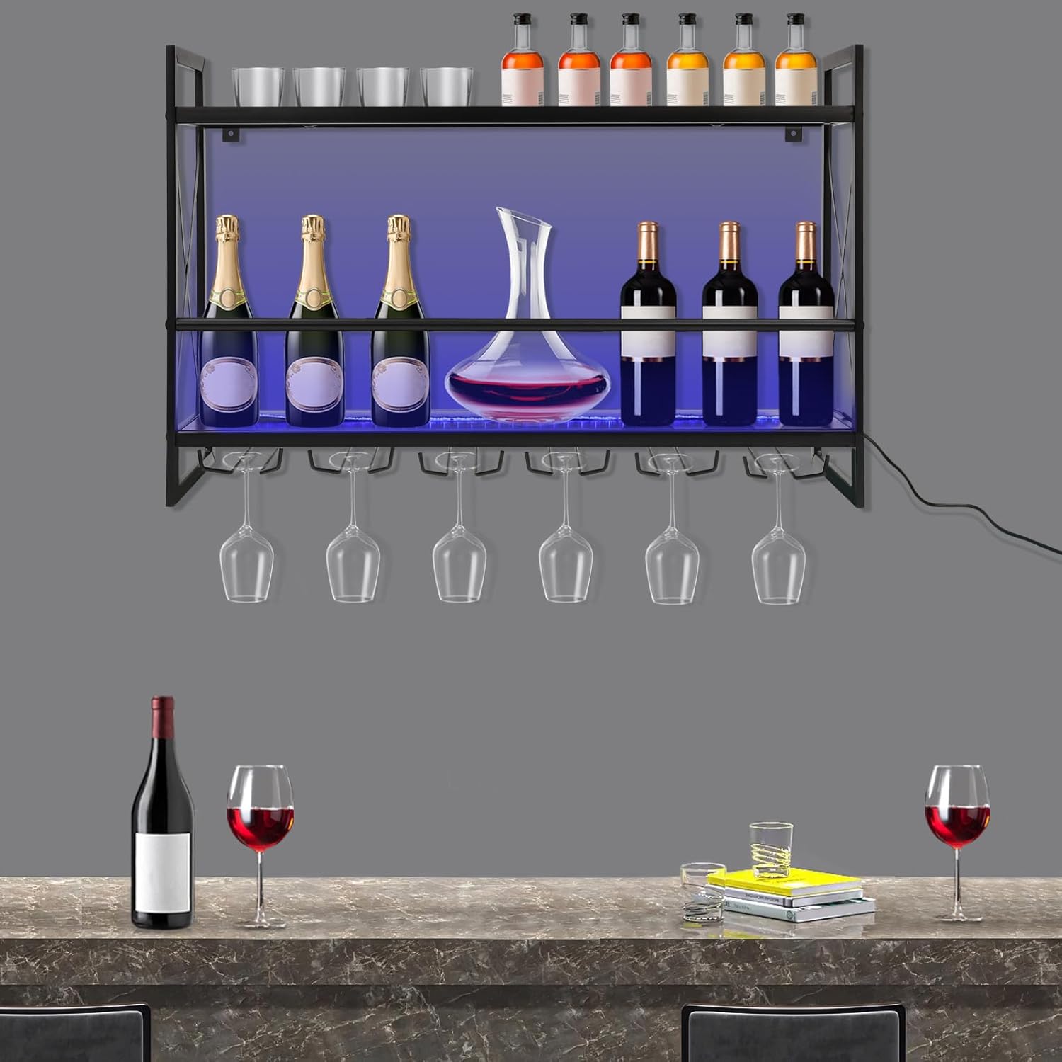 KONGKUNI Estante industrial de pared para vino de 2 niveles, estante de vino de 31.5 pulgadas con luz LED, soporte rústico para botellas de vidrio,