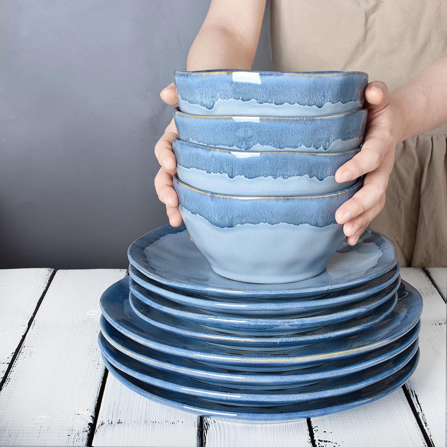 Bosmarlin Platos llanos de cerámica, 8.5 pulgadas, juego de 4 para ensalada, pasta, postre, microondas y lavavajillas, (azul, 8.5 pulgadas)