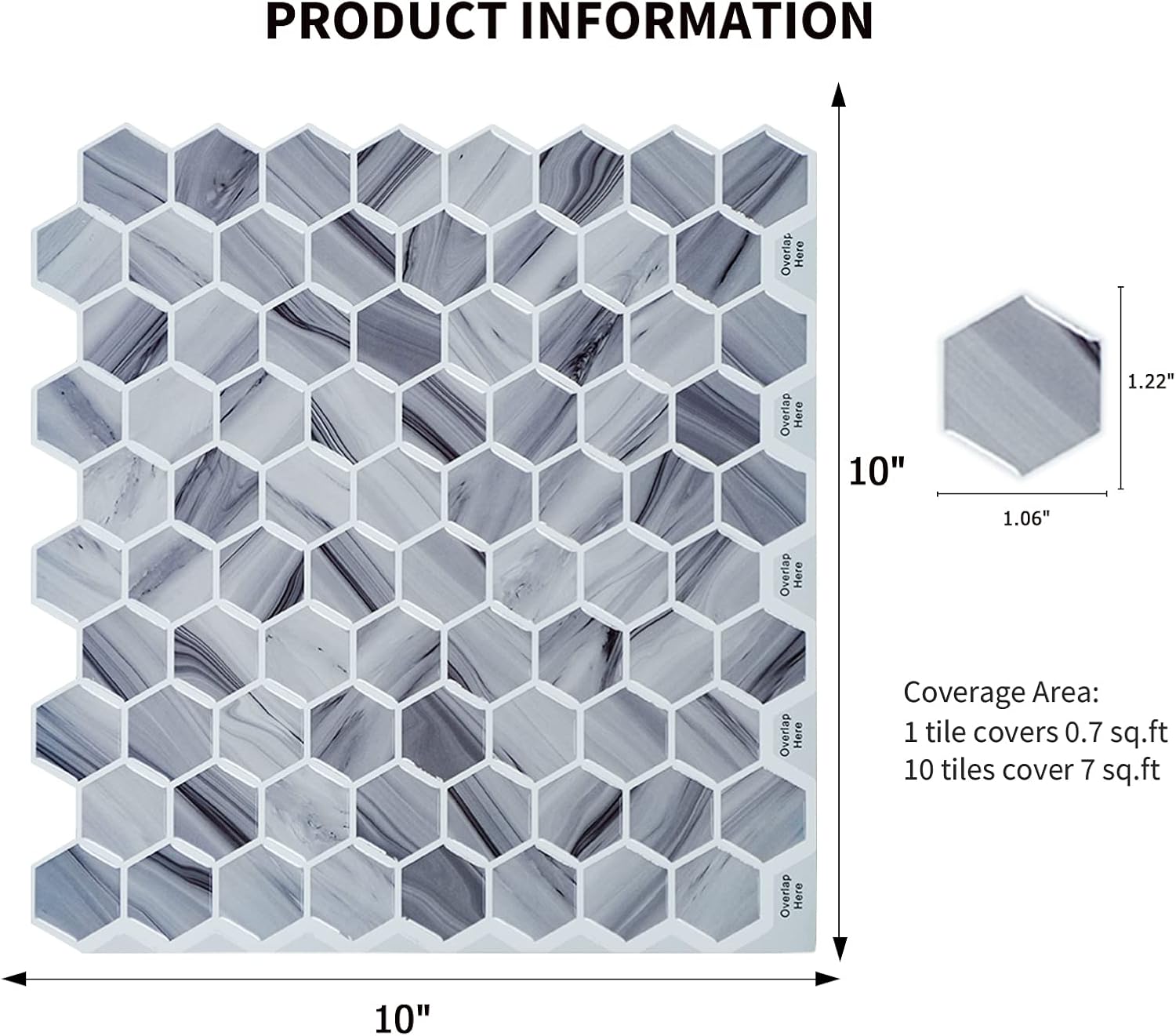 HOMEART Azulejo hexagonal gris para salpicaduras en muro, autoadhesivo 3D para cocina, azulejos adhesivos de pared (10 x 10 pulgadas, 10 hojas)
