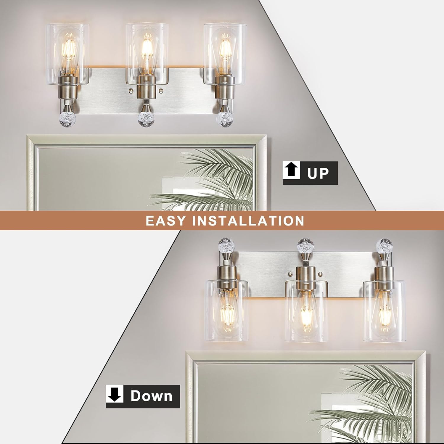Lámparas de baño de 3 luces, lámpara de tocador de baño de níquel cepillado, accesorios de iluminación de tocador con pantalla de vidrio resistente,