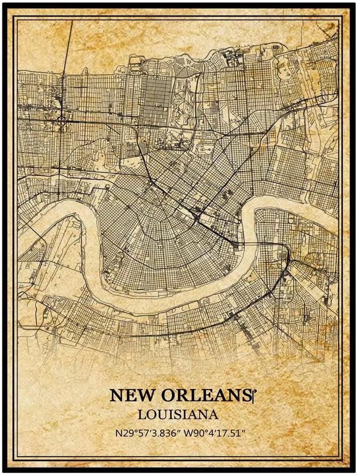 TANOKCRS Póster de mapa vintage de Nueva Orleans, Louisiana, Estados Unidos, América, arte de pared, impresión de mapa, regalo de recuerdo de viaje,
