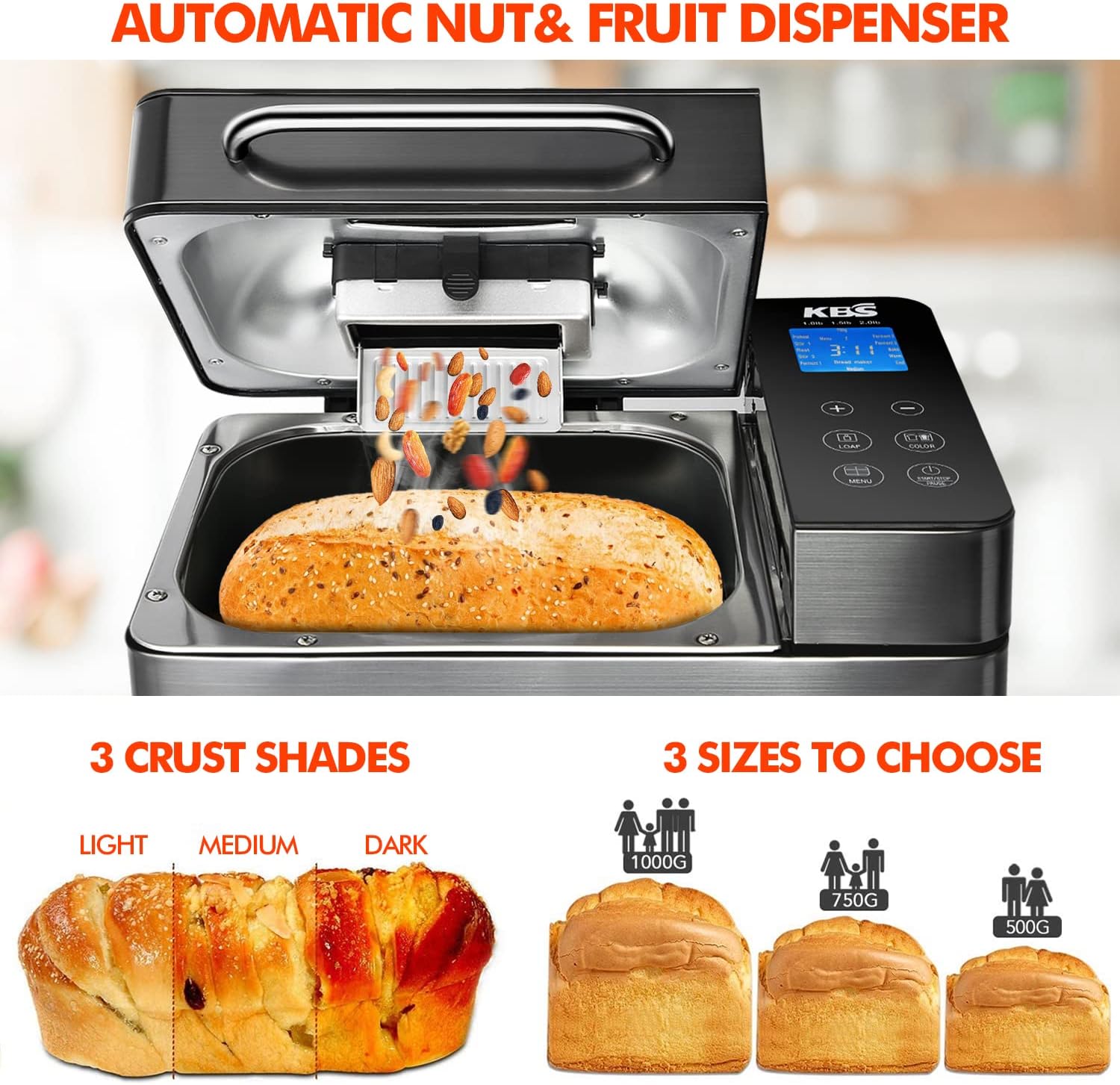 KBS Máquina para hacer pan 17 en 1, máquina de pan de doble calentador de 710 W, máquina para hacer pan de acero inoxidable de 2 libras con