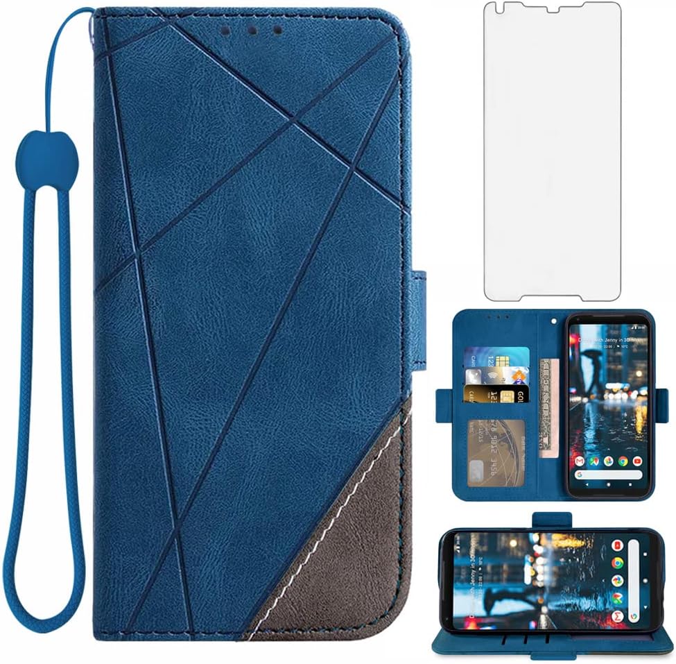 Asuwish Compatible con Google Pixel 2XL – Funda tipo cartera y protector de pantalla de vidrio templado, soporte de cuero con tapa para tarjetas,