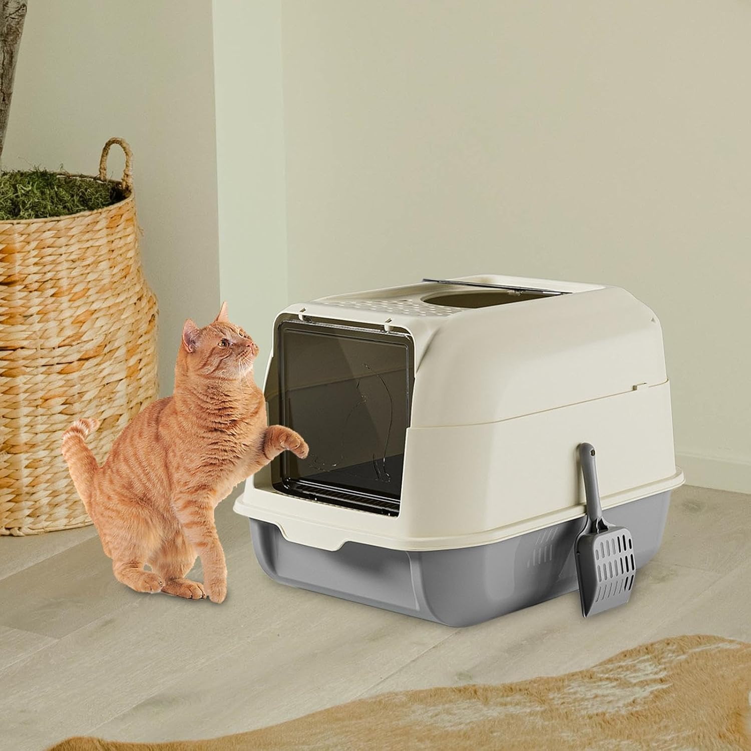 Caja de arena para gatos con tapa, inodoro para gatos, bandeja de arena de espacio grande cerrada con doble puerta, orinal para gatos en crecimiento