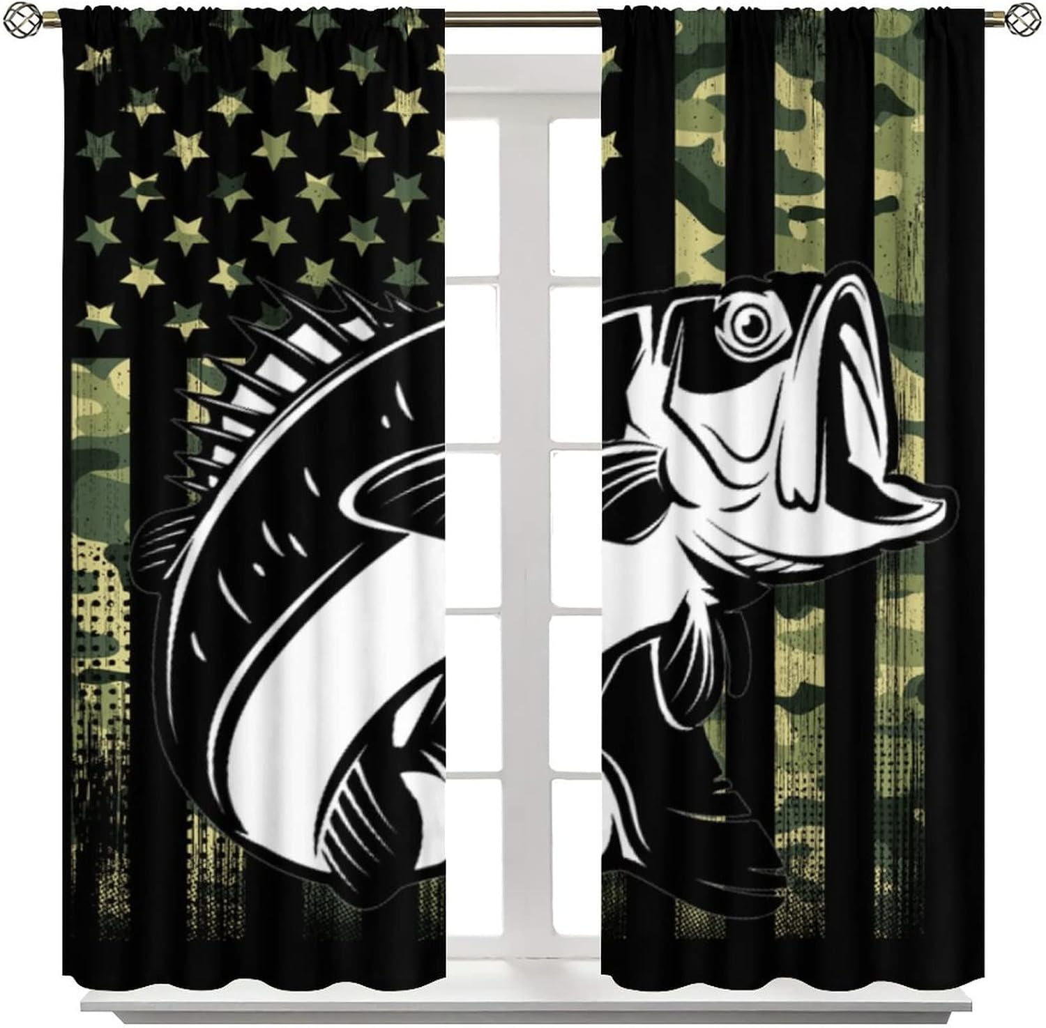 Cortinas de pesca con estampado de bandera de camuflaje verde, estampado de peces y lubina, cortina opaca para dormitorio, sala de estar, 2 grupos