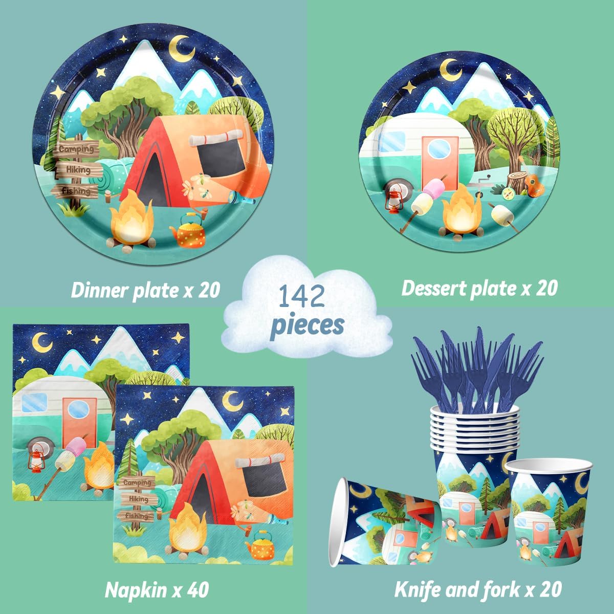 Decoración de fiesta de cumpleaños para campamento, vajilla de campamento feliz, platos desechables para campamento feliz, servilletas, vasos,
