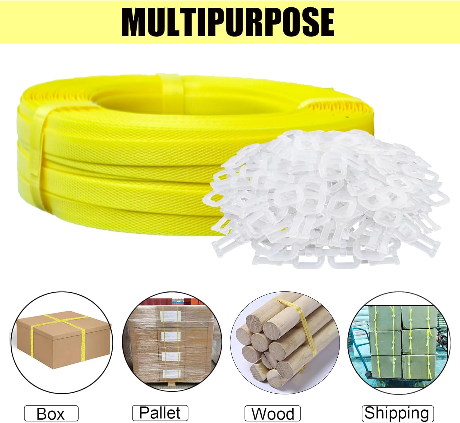 NEWANRAN Kit de flejado de bandas, herramienta de flejado de embalaje, con flejado de polietileno de 5900 pulgadas de longitud, 100 hebillas,