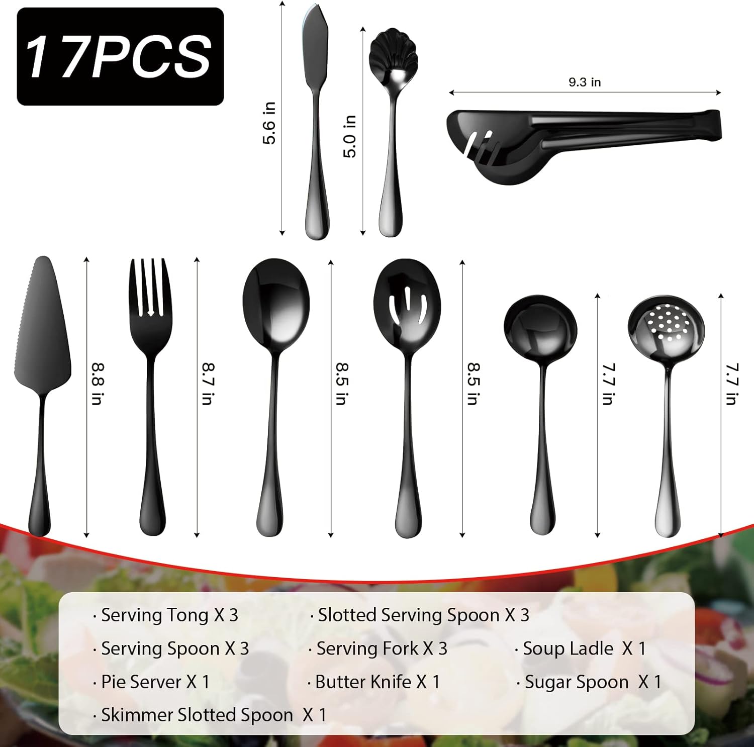 Keyoxy Utensilios negros para servir, 17 piezas de utensilios de acero inoxidable con cuchara de servir, cucharas ranuradas, tenedores, cucharón de
