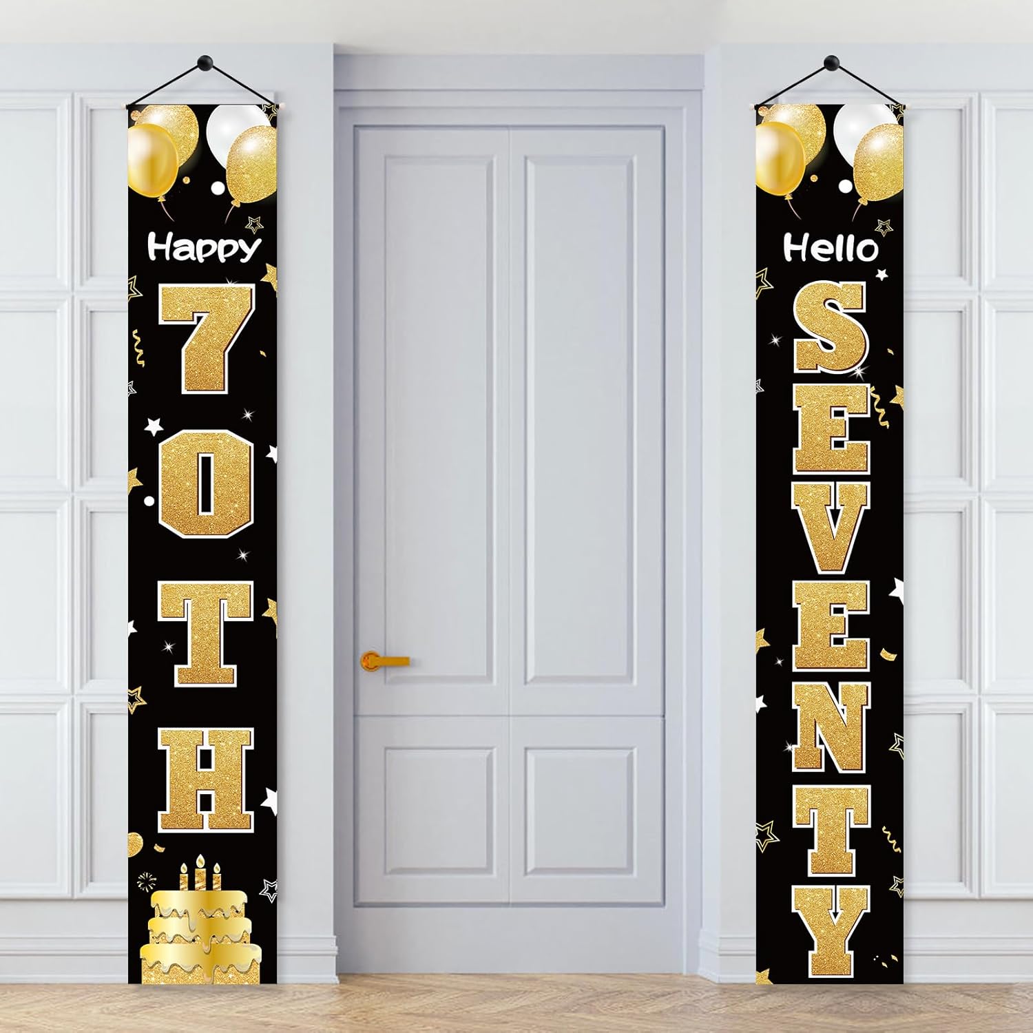 Cartel de 70 cumpleaños para puerta para mujeres y hombres, color negro y dorado con texto en inglés “Hello Seventy Porch”, suministros de fiesta,