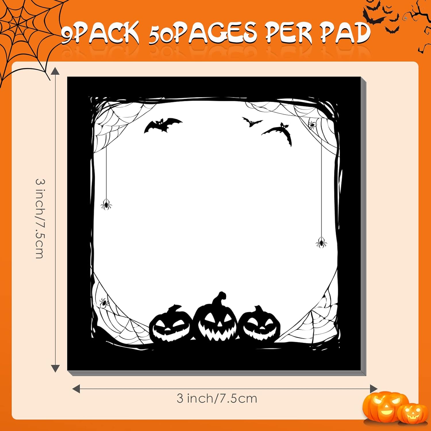 Bloc de notas adhesivas de Halloween con murciélago de calabaza araña, notas de estudio de trabajo, 450 piezas de notas autoadhesivas extraíbles de