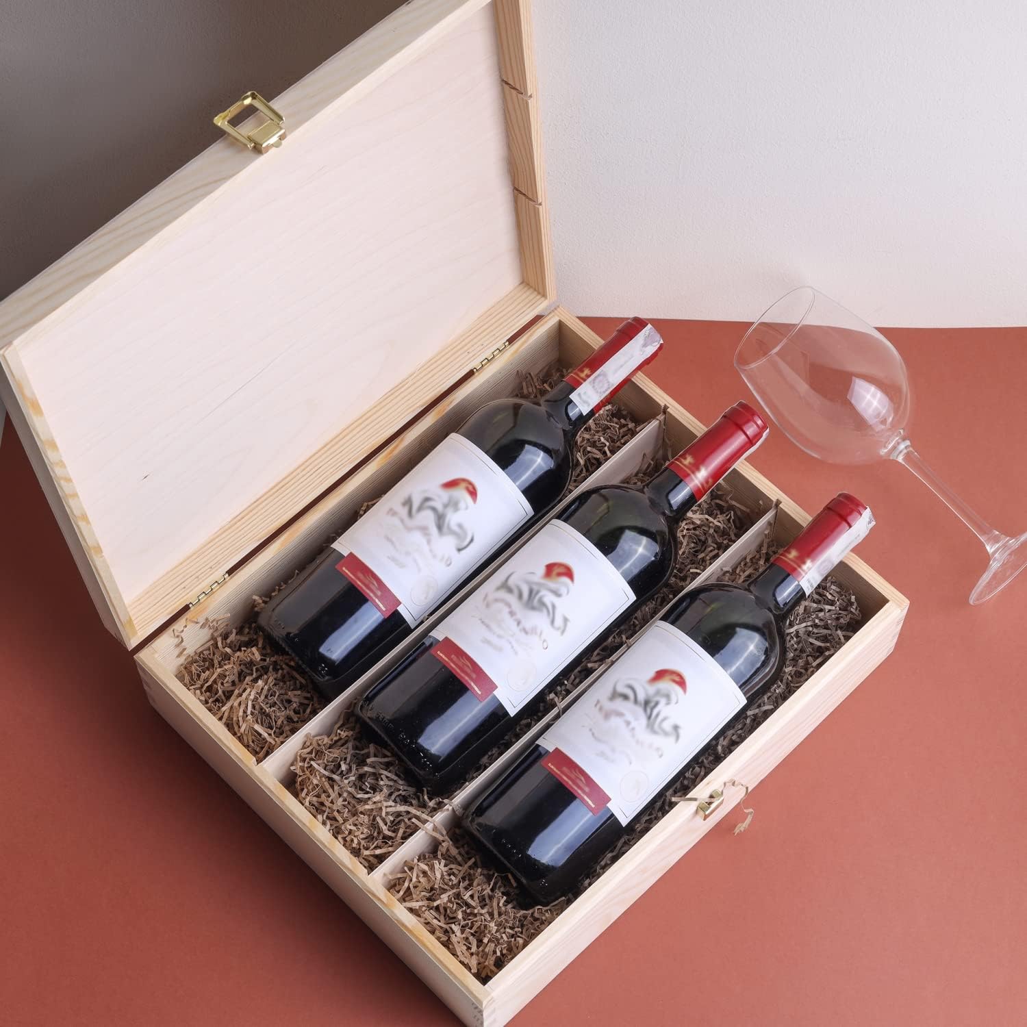Caja de madera de vino sin pintar para almacenamiento de regalo, 3 botellas, 13.81 x 11.81 x 3.93 pulgadas, soporte de madera natural, caja de lujo