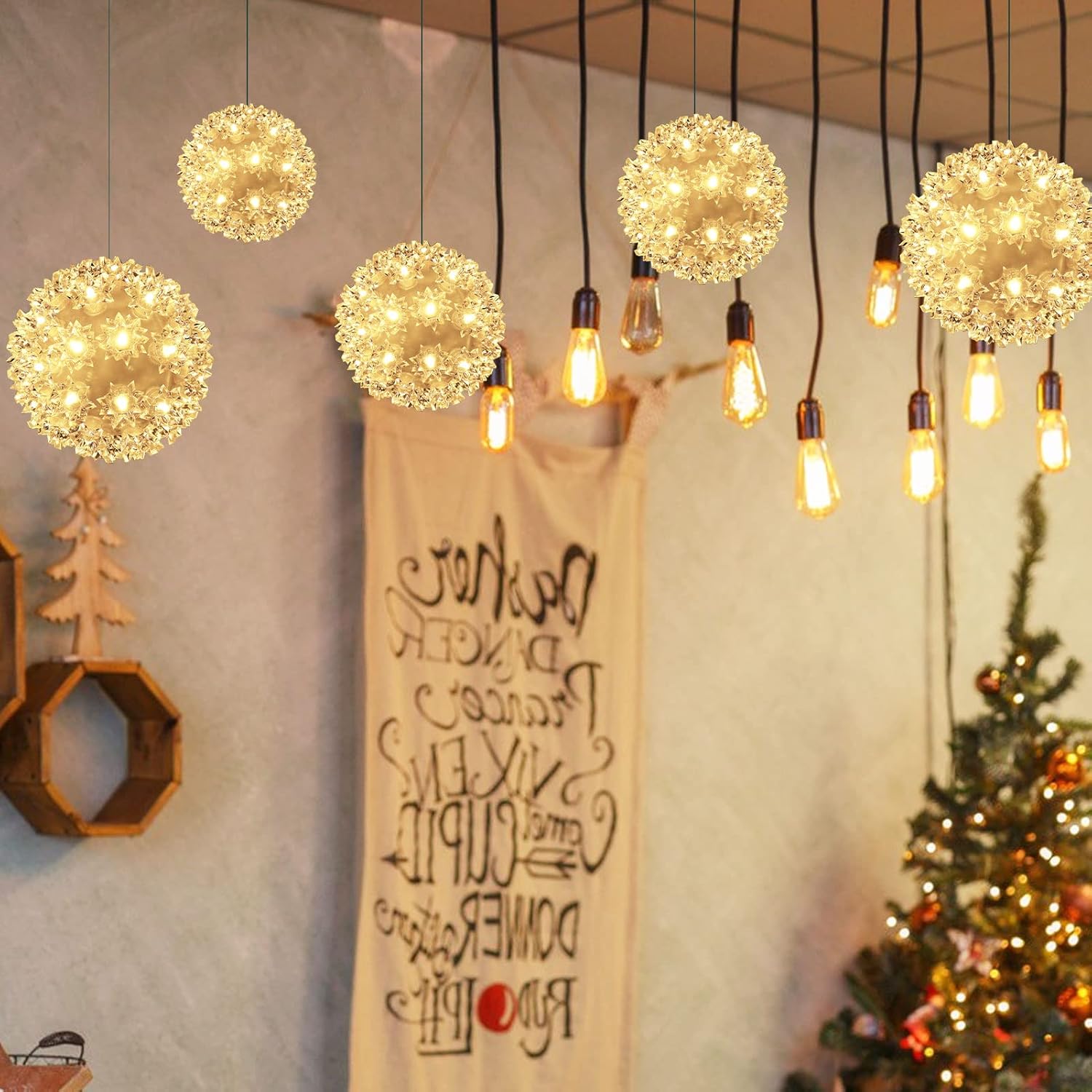 Luces de Navidad de 7 pulgadas brillantes para colgar al aire libre, luces parpadeantes, 100 luces LED de luz estelar, esfera blanca cálida, suave,