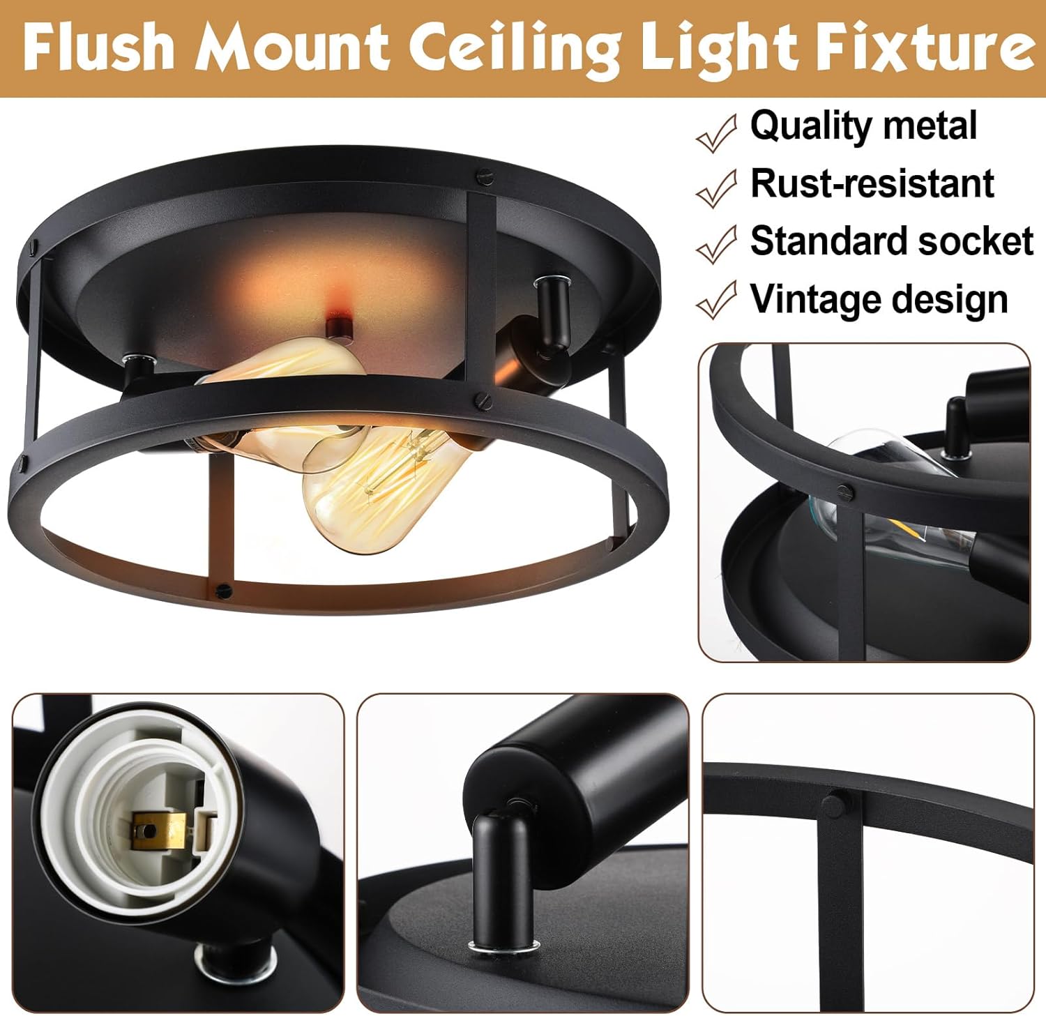4 luces de techo de montaje empotrado, luces de granja negras industriales de metal para dormitorio, entrada, pasillo, cocina, base E26, bombillas