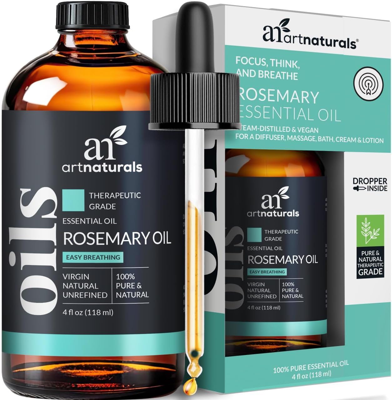 Artnaturals Aceite esencial de romero de 4 onzas, aceites de rosa maría 100 % puros, grado terapéutico, mejor para el crecimiento del cabello,