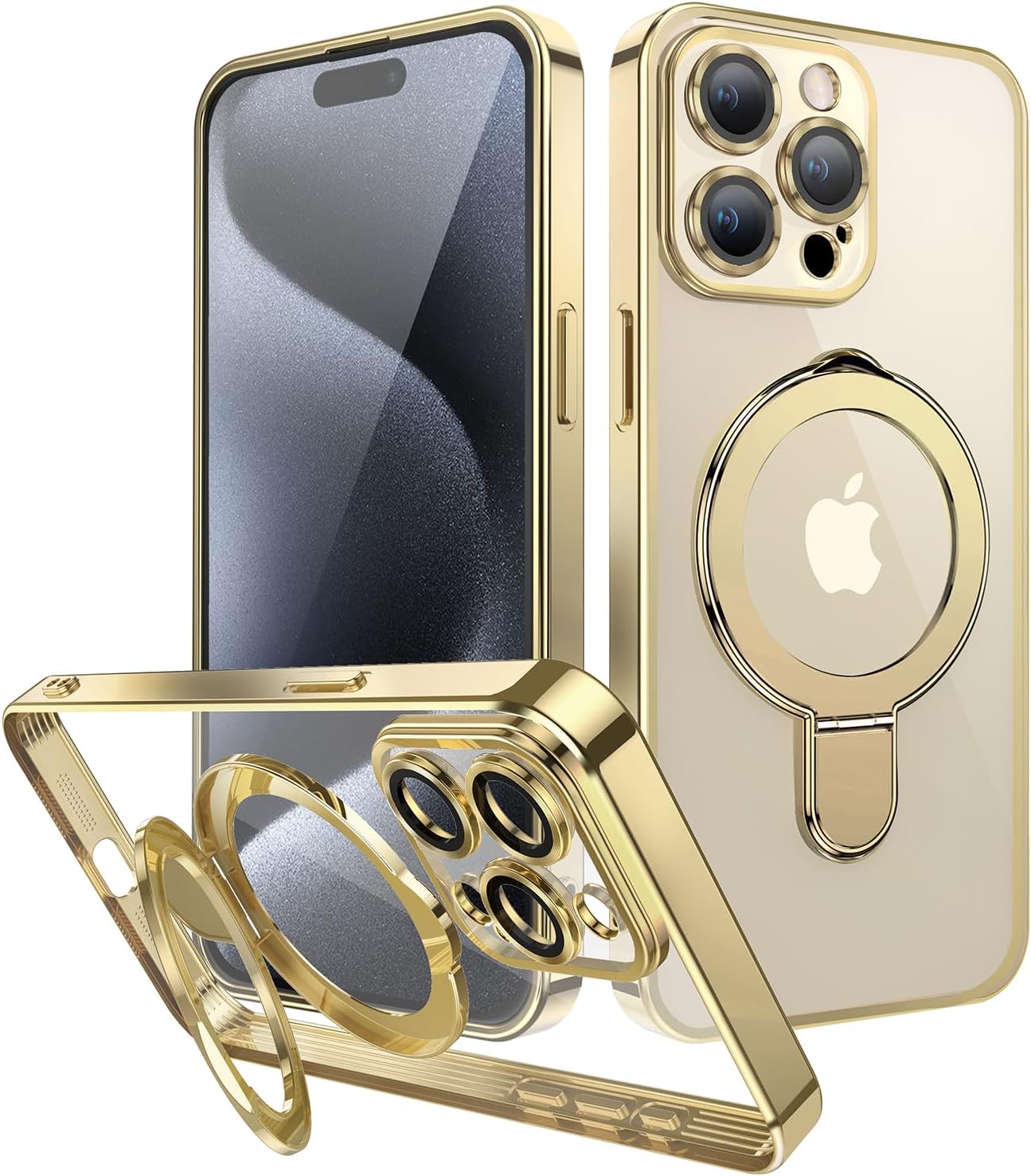 MANLENO Magsafe – Funda para iPhone 15 Pro Max con soporte magnético invisible chapado de 10 pies, a prueba de golpes, de goma suave transparente