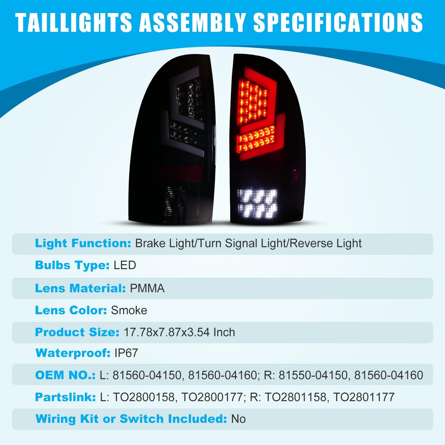 CPW Luces traseras compatibles con Toyota Tacoma Pickup Truck 2005-2015, luces traseras LED laterales izquierda y derecha, luz de señal de giro
